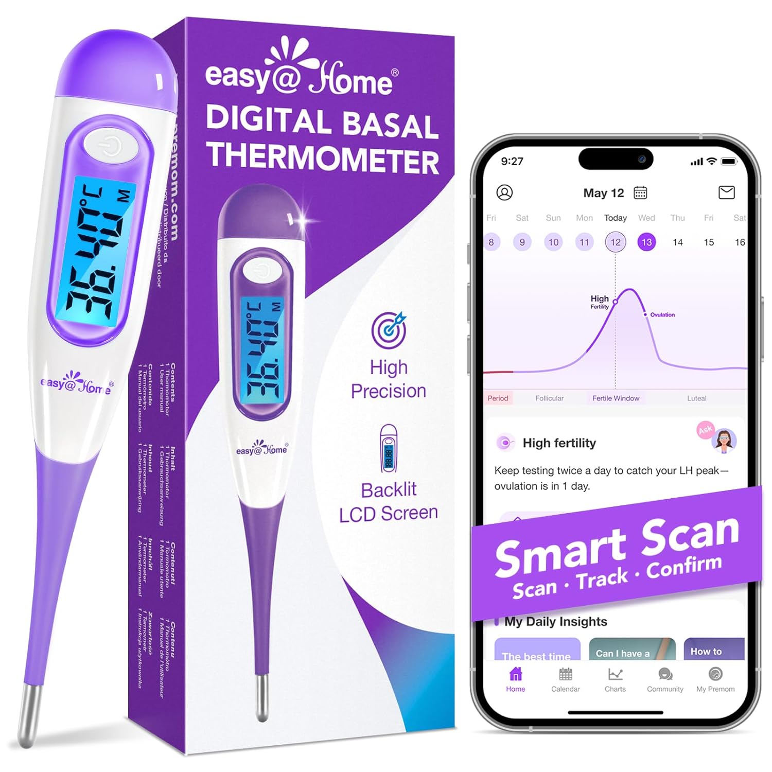 Digital Basal Thermometer Ovulation with Backlight LCD Display, Premom APP(NOT Bluetooth), 1/100th Degree High Precision, Memory Recall, Ovulation Tracking, Charting & Natural Family Planning, Purple