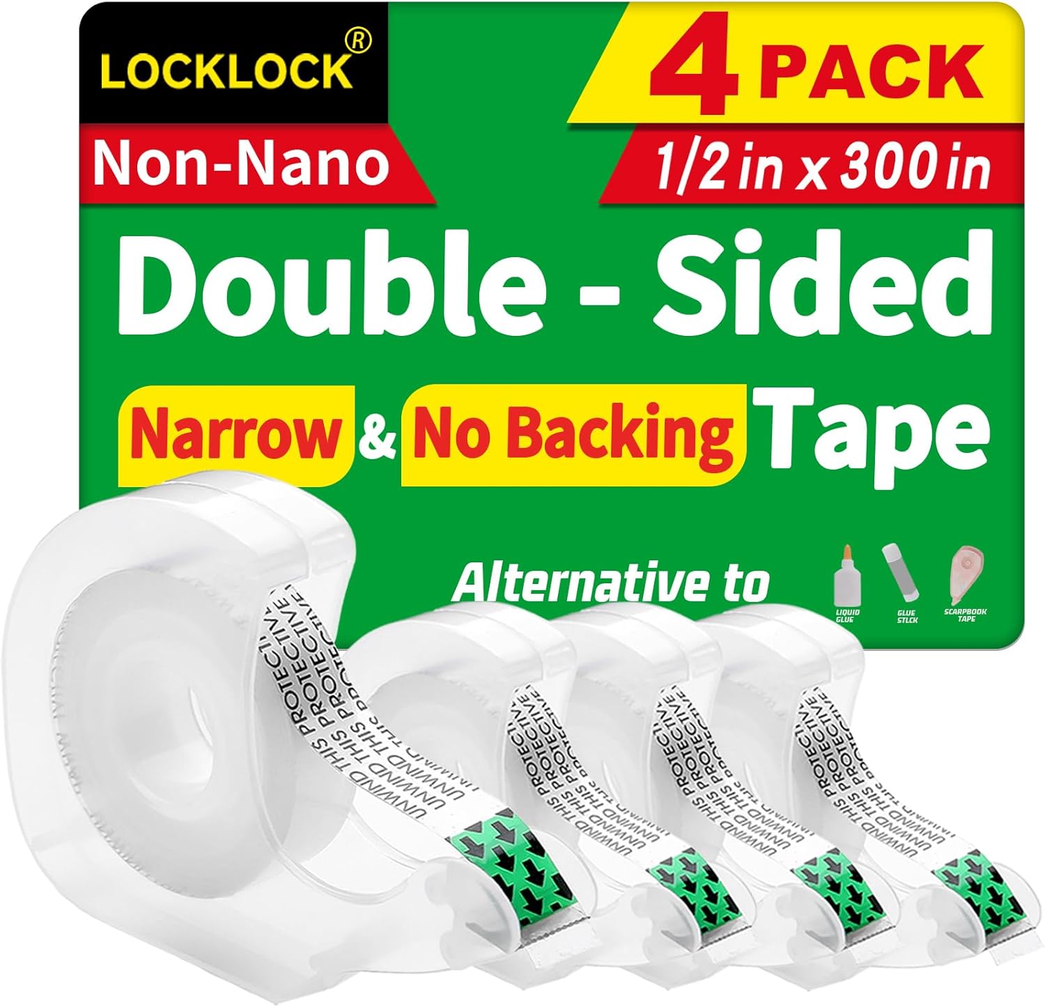 Double Sided Tape Light Duty, 4 Pack, 1/2 x 300 inches, Narrow Double Stick tape with Dispenser for Crafts, Arts Projects, Gifts Wrapping, Alternative to Scrapbook Tape, Office and School Supplies.