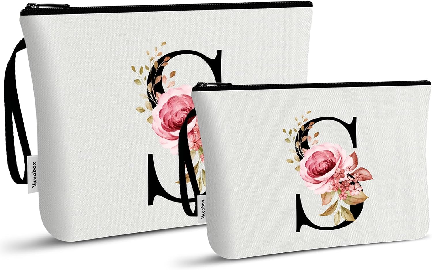 Vavabox 2 Pcs Initial Toiletry Bags Set,Birthday Gifts for Women,Travel Portable Makeup Bag with Handle (S, White)