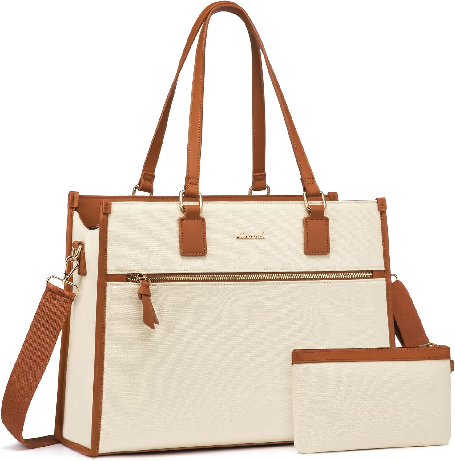 LOVEVOOK Laptop Bag for Women 15.6 inch Work Bags for Women Professional Canvas Computer Tote Bag Large Capacity Handbag with Clutch Purse for Office, Business, School, Travel, Casual（Beige & Brown）