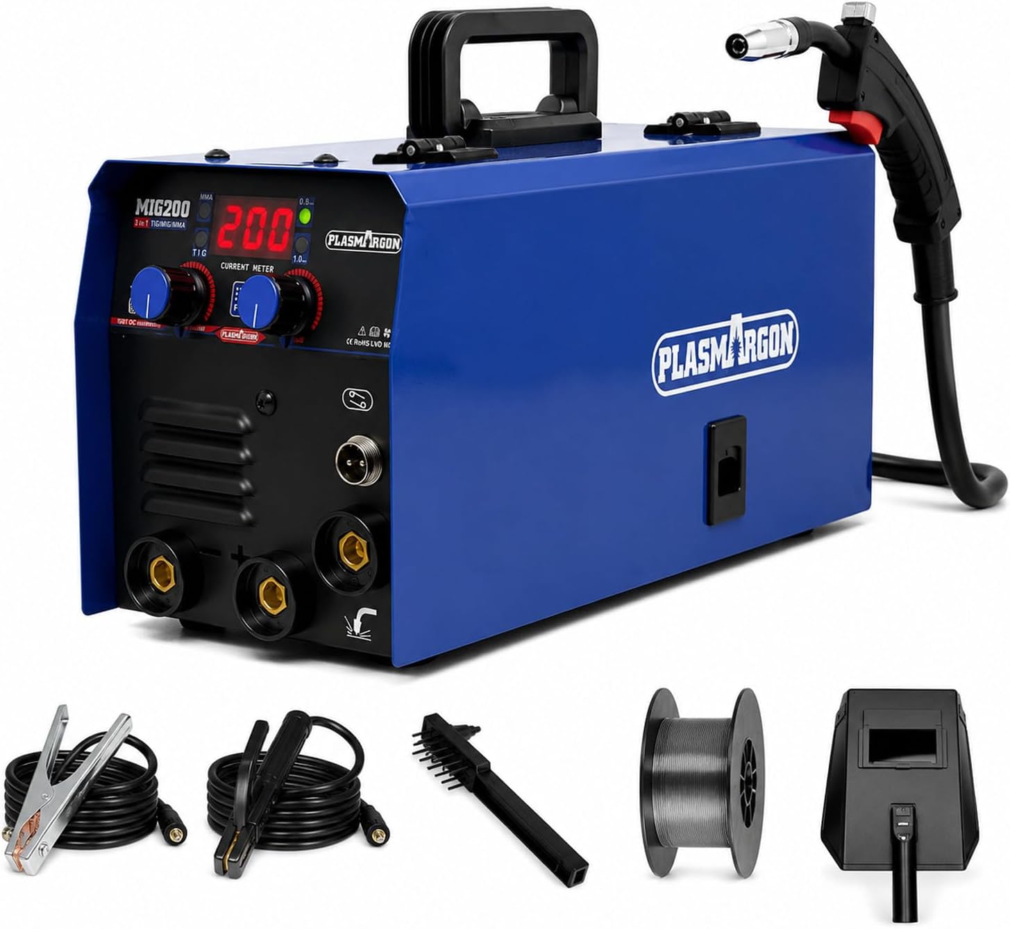 3-IN-1 MIG Welder,200A 110V/220V Dual Voltage, Flux Core MIG/Lift TIG/Stick Welding Machine, Gasless MIG Welder, IGBT Inverter with LED Display for DIY, Garage & Metalworking