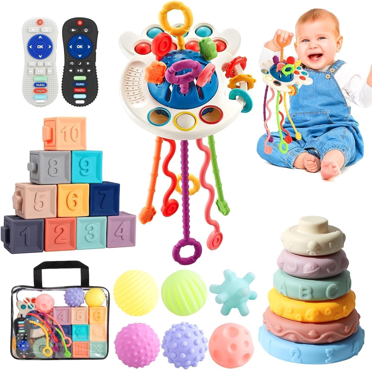 Baby Toys, 5 in 1 Montessori Toys for Babies 0-6 to12 Months| 10 Textured Silicone Teething Blocks Toys, Sensory Toys with Numbers & Animals, BPA-Free Toddler Toys Gift, Easy Clean & Travel Bag