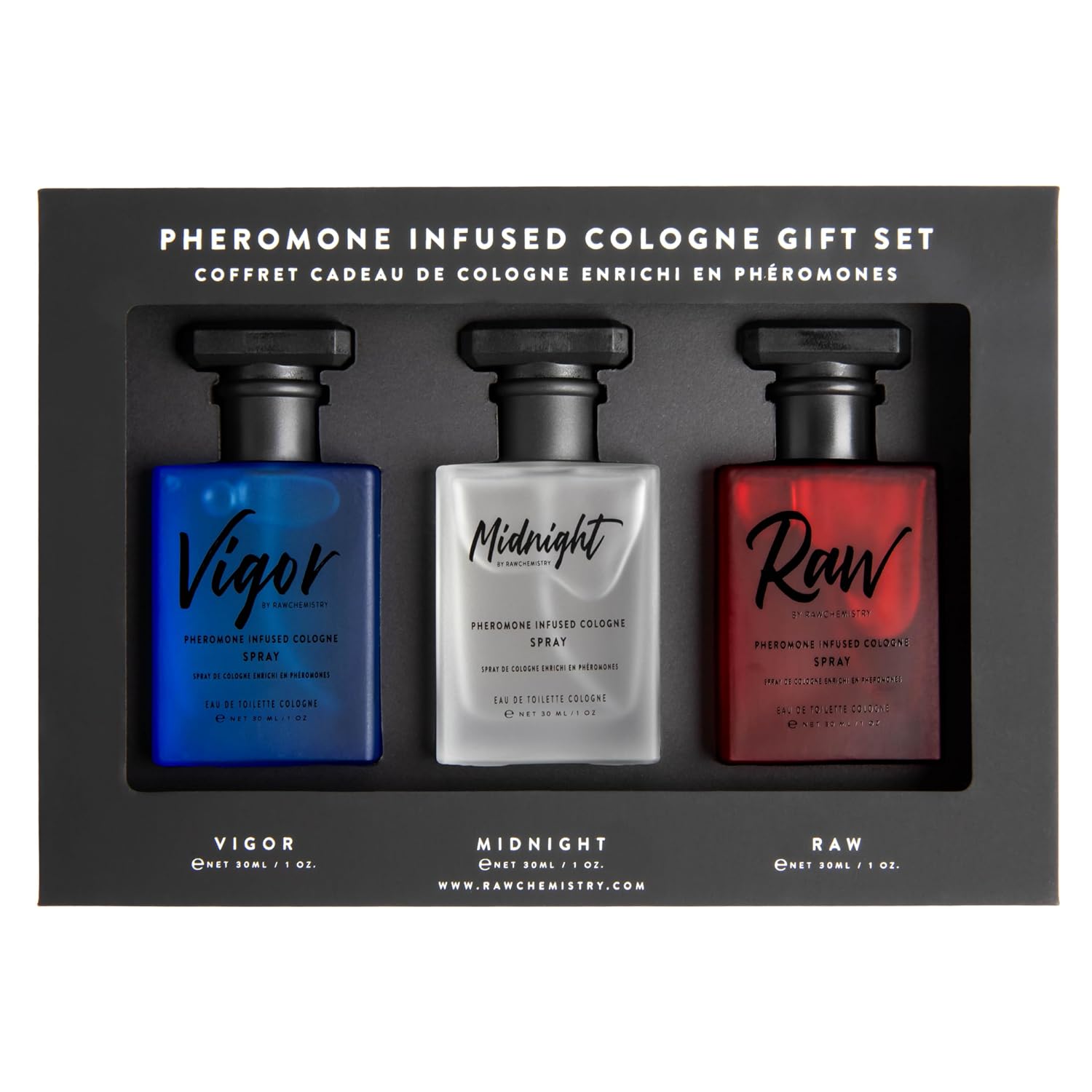 RawChemistry Pheromone Infused Men's Cologne Collection – 3 pk, 1 oz Each | Rugged Raw, Energizing Vigor and Smooth Midnight – three long-lasting men's colognes for daily wear, nights out and gifting.
