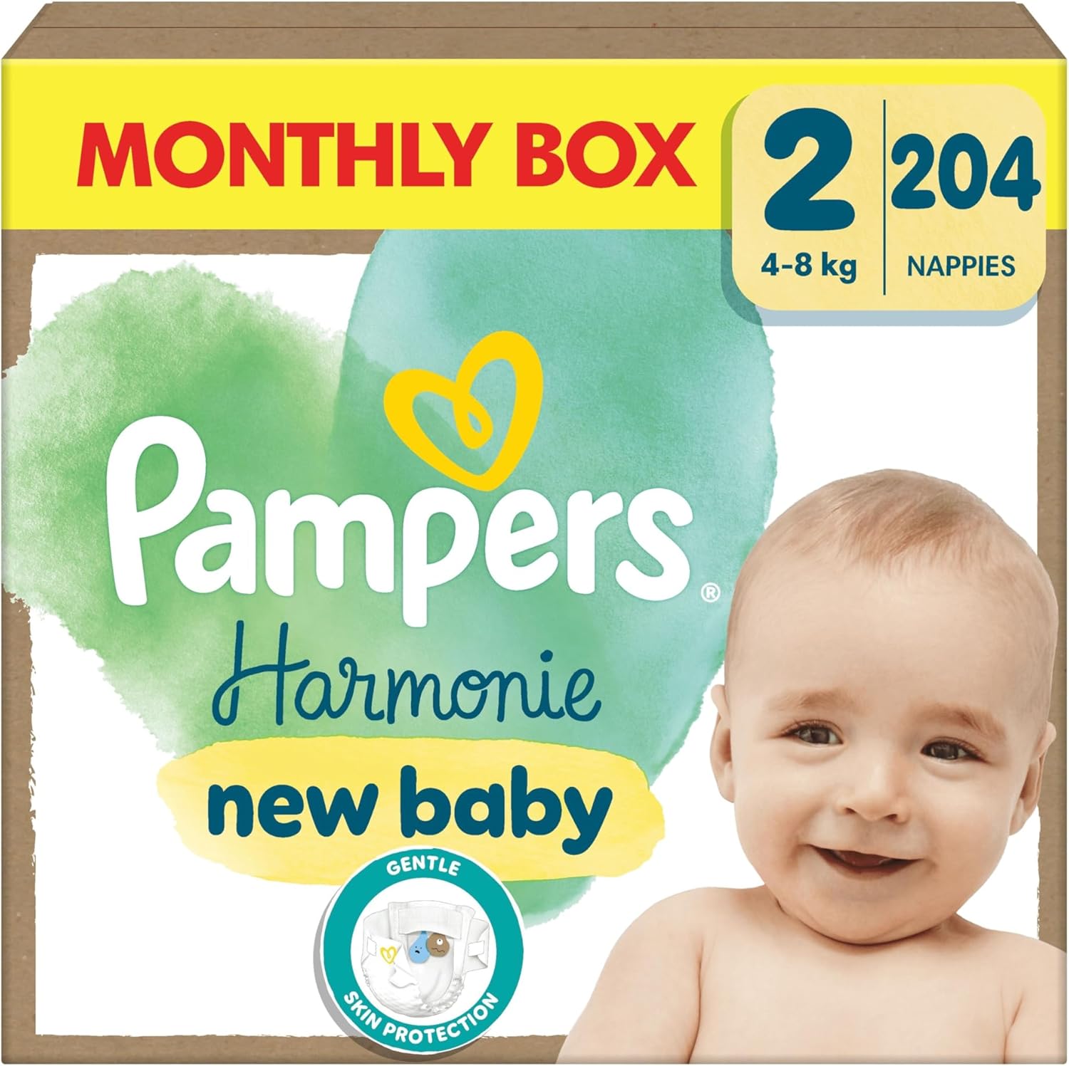 Pampers Harmonie Nappies Size 2, 204 Nappies, 4kg-8kg, Monthly Pack, Gentle Skin Protection with 100 Percent Pampers Protection