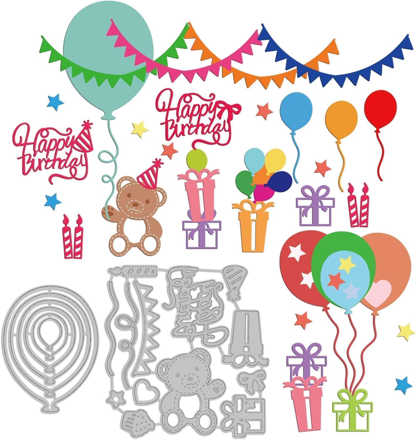 INFUNLY 19pcs Balloons Metal Die Cuts Happy Birthday Cutting Die for Card Making, Scrapbooking, Decorative