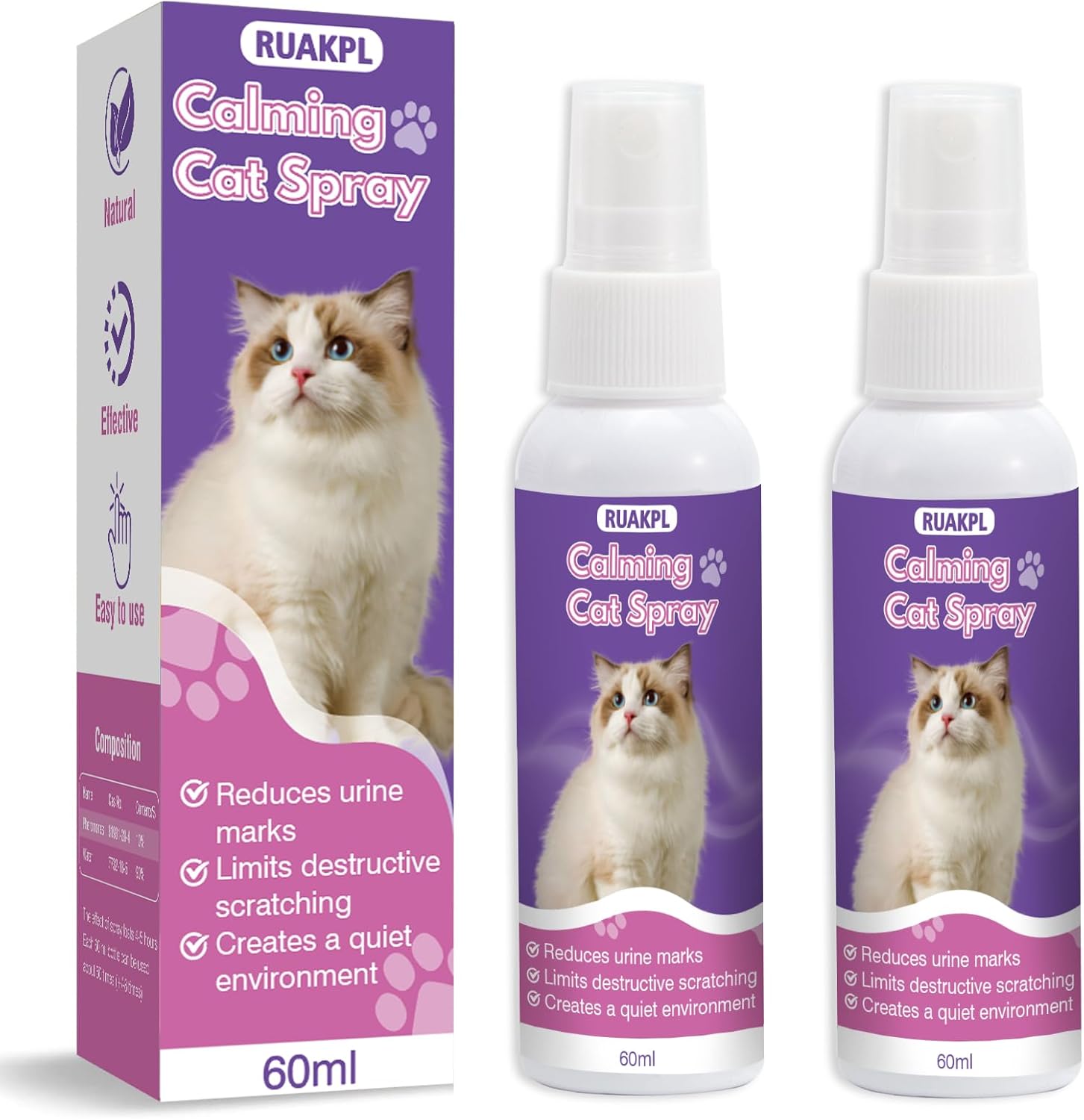 Cat Calming Spray 60 ML 2 Pack Calming Solution for Cats Cat Pheromone Spray Reduces Stress Anxiety Scratching Calming Spray for Cats Good for Home Travel Cat Pheromones Calming Spray