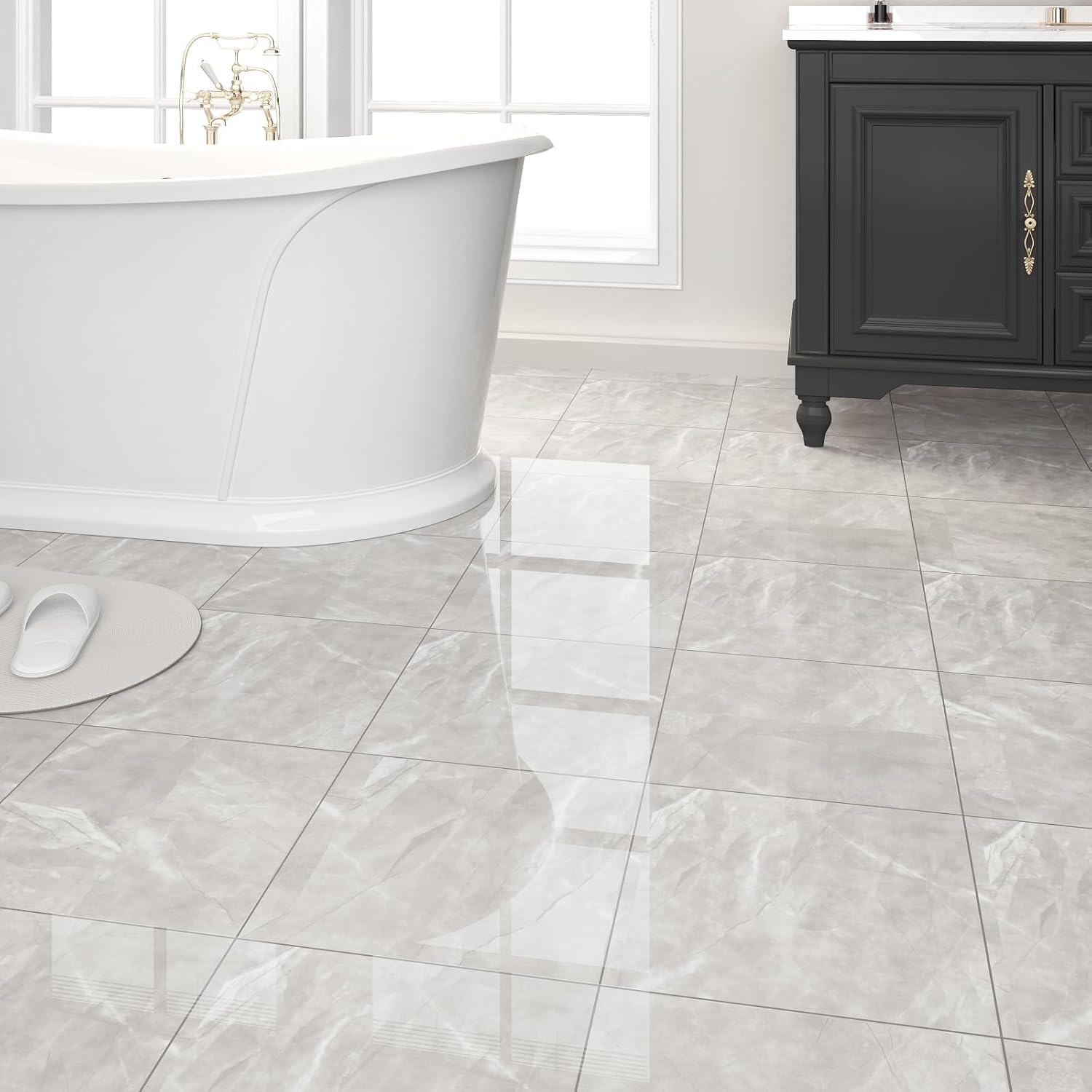 30-Pack Peel and Stick Floor Tiles Vinyl Floor 12 x 12 inch Self Adhesive Waterproof Glossy Flooring Planks DIY for Bathroom, Kitchen, Living Room, RV, Cover 30 Sq. Ft, Polish Light Grey Marble