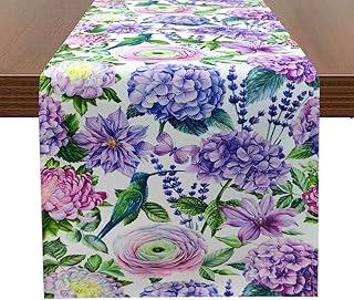 MULBESS Watercolor Hummingbird and Hydrangea Peony Summer Table Runner 72 Inches Long, Seasonal Spring Holiday Kitchen Dining Coffee Table Decoration for Home Party Decor 13x72 Inch