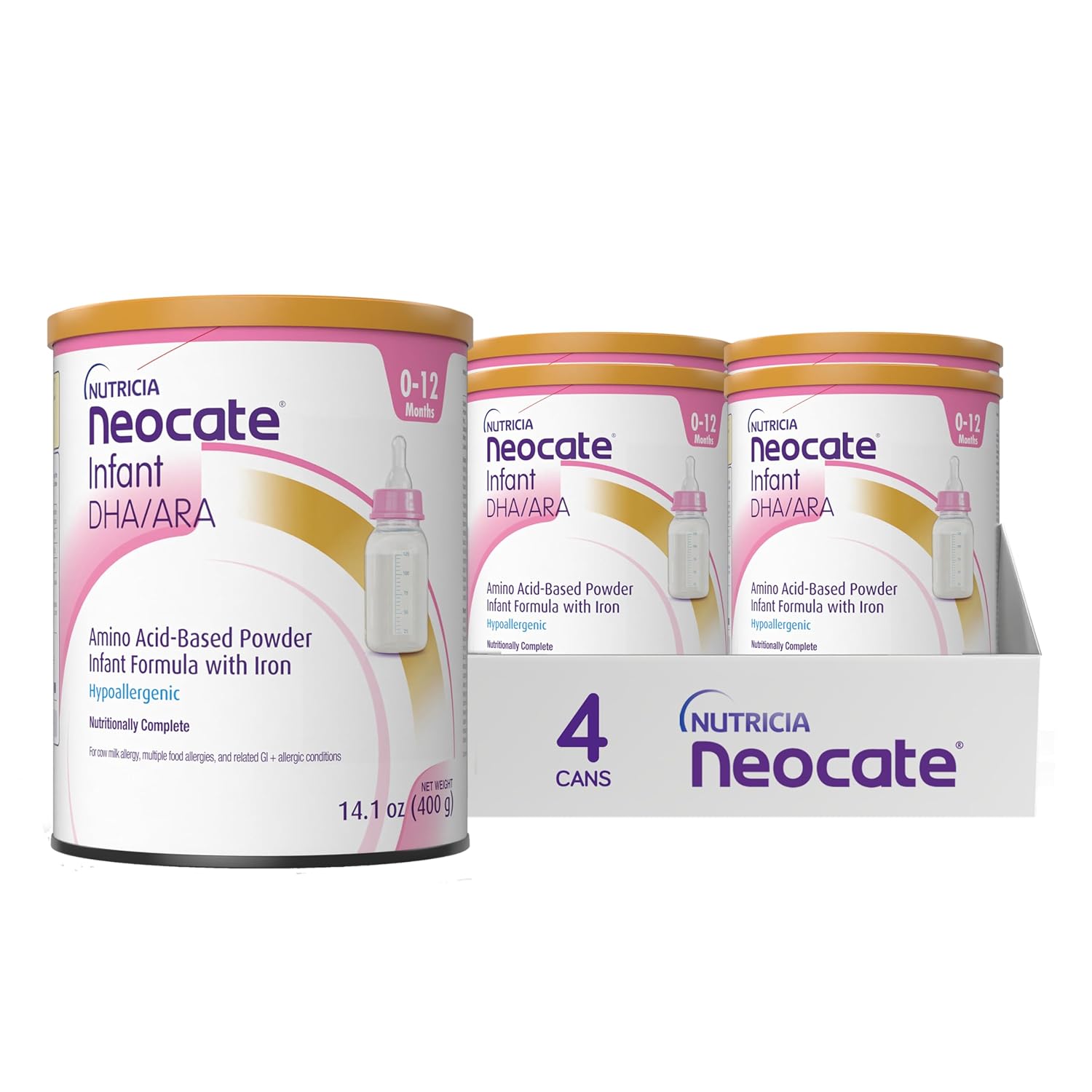 Nutricia Neocate Infant - Hypoallergenic, Amino Acid-Based Baby Formula - Well-Tolerated & Supports Normal Growth - Infant Formula with DHA, ARA & Iron - 14.1 oz can (Pack of 4)