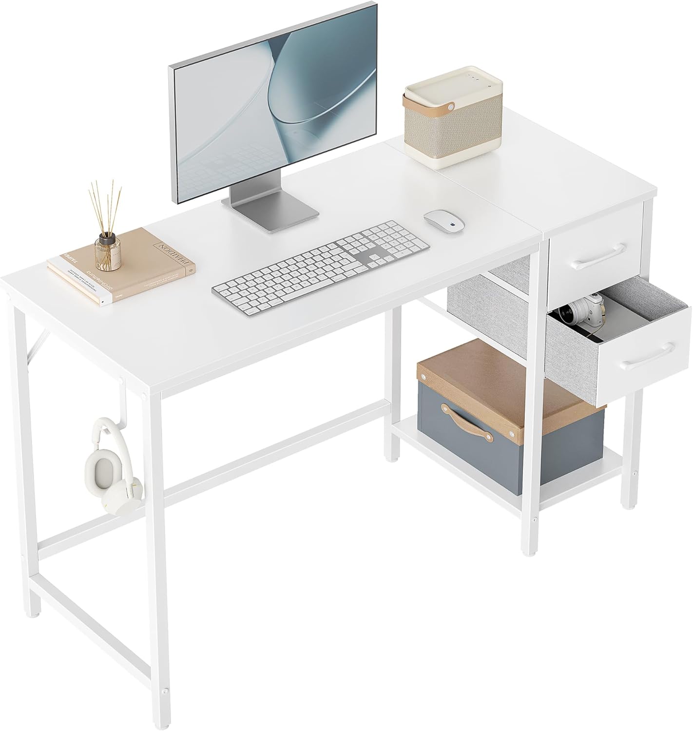 CubiCubi Computer Desk with 2 Drawers, 40 Inch Small Home Office Desk Study Writing Table, Pure White