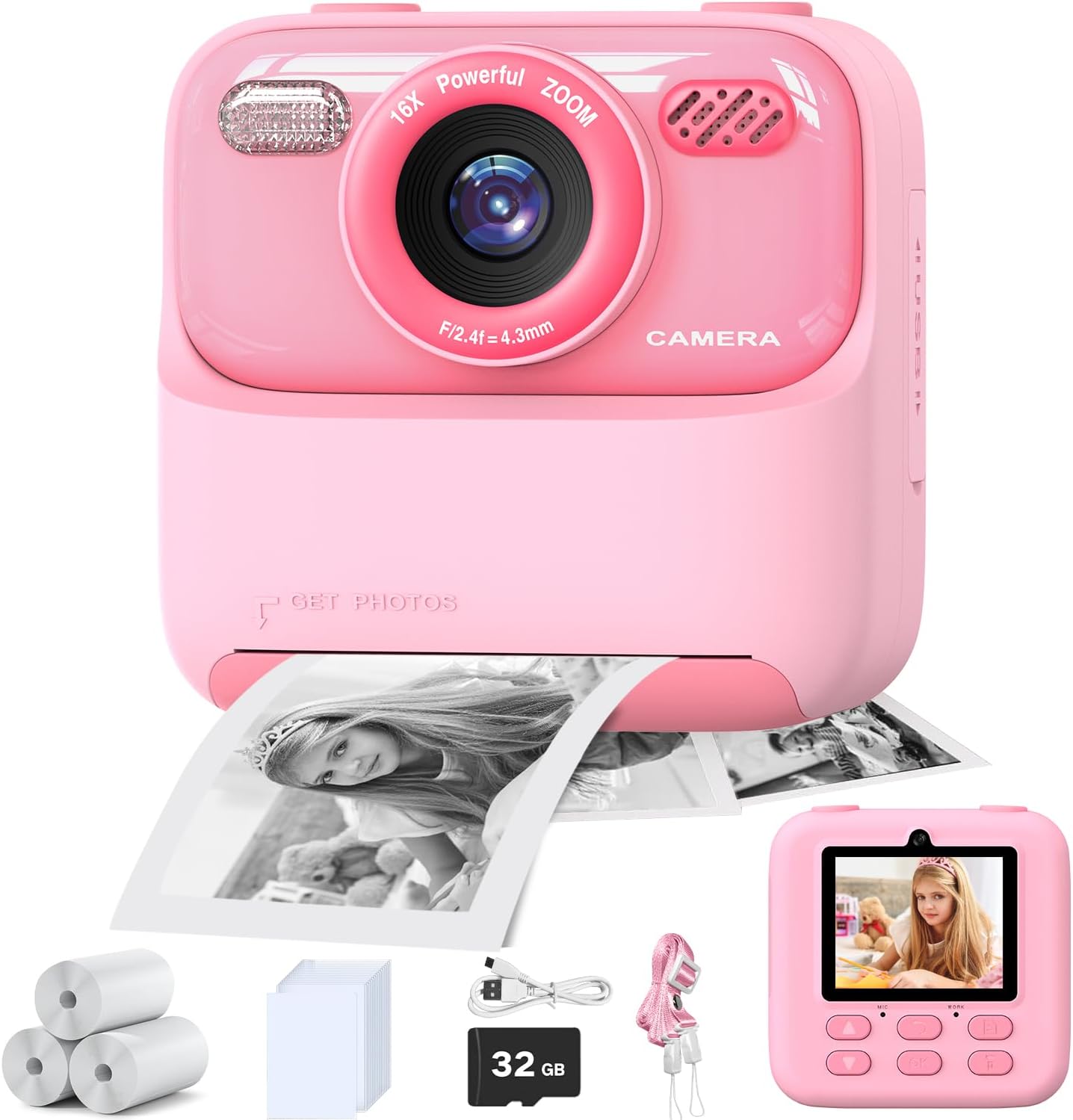 masterbee Kid Camera Instant Print Photo, Birthday Gifts for Girls and Boys, Kids Digital Camera Toys, 1080P HD Video, 3 4 5 6 7 8 9 10 11 12 Year Old Boy Gifts/Girl Gifts Pink