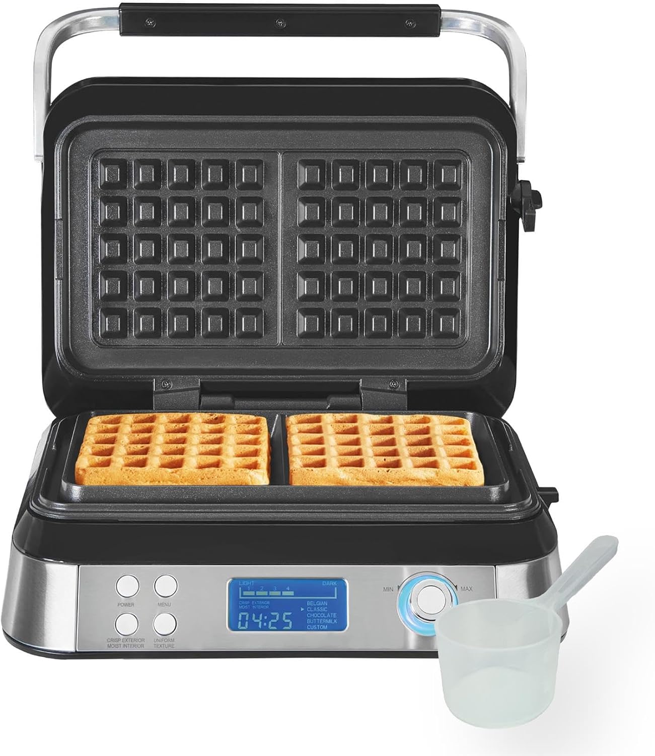 Hamilton Beach Waffle Maker, Pro, Smart, Non-Stick, 7 Browning Levels, 5 Programmes, Family Size, Digital Display, Overflow Protection, Silver - HB5403T