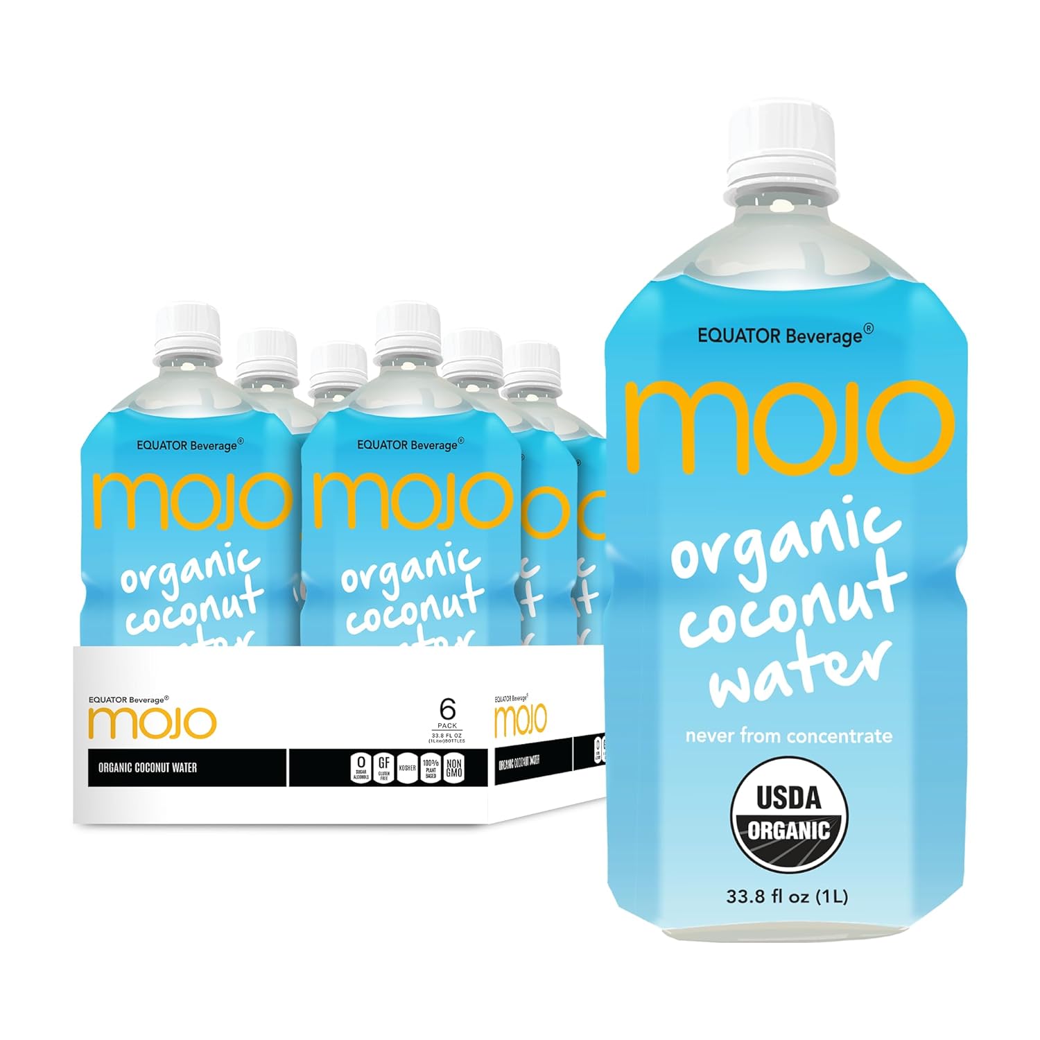 MOJO Organic Coconut Water | Hydration Drink & Sports Drink | Electrolytes Beverage 1043 mg | Vitamin B & C | Hydration Drink for Skin & Body | 33.8 Oz (Pack Of 6)