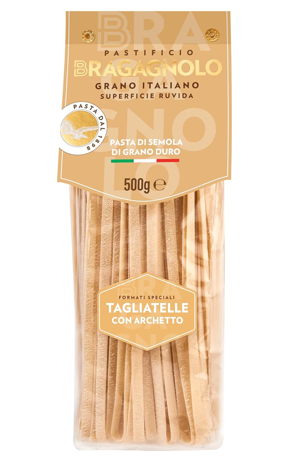 Pastificio Bragagnolo, Tagliatelle con Archetto 889 Bronze-Drawn, 100% Italian Pasta, Made with Durum Wheat Semolina Flour, Non GMO (1 LB. BAG) - Consistently al Dente.
