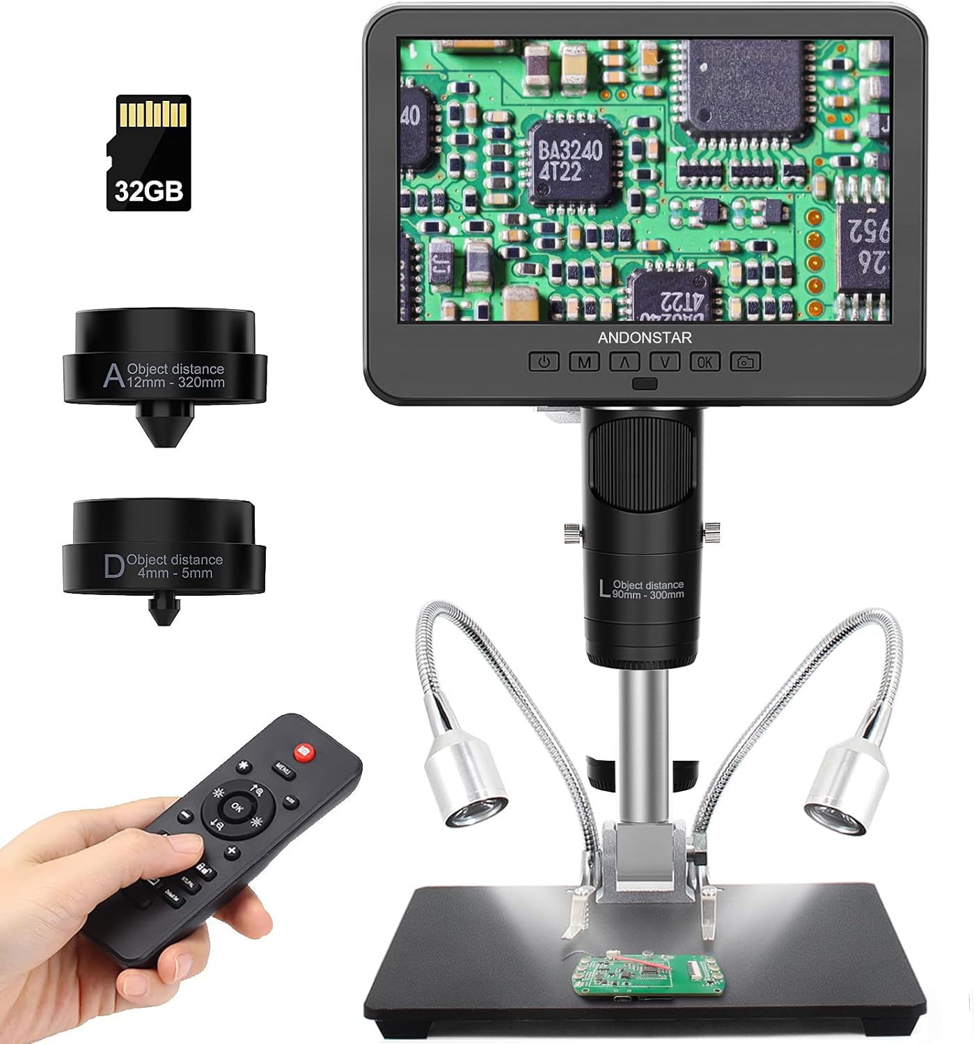 Andonstar AD246S-M HDMI Digital Microscope - 2000x, 3 Lens 2160P UHD Video Record, 7 Inch LCD Soldering Microscope