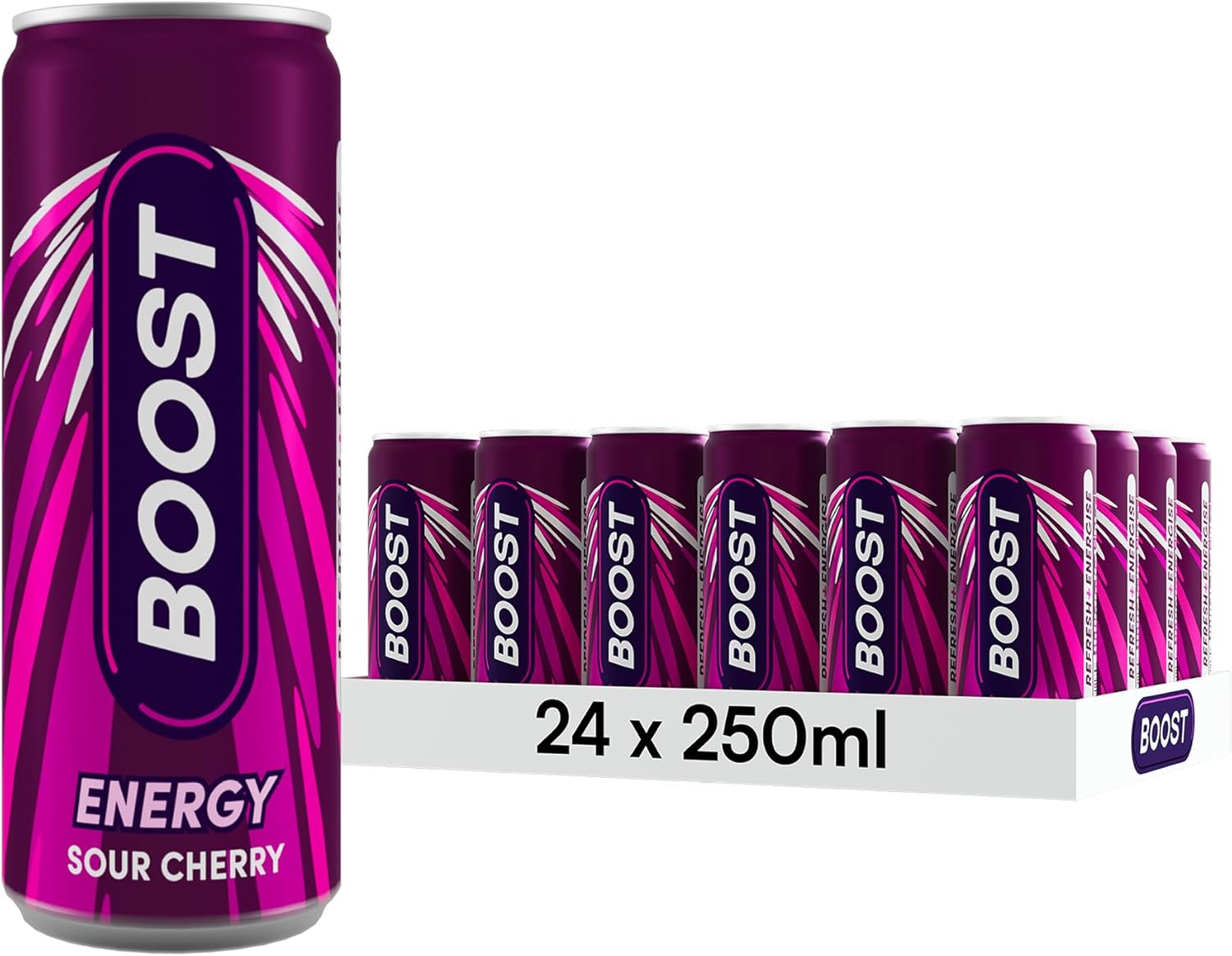 Boost Energy Drink Cherry Flavour - 24 Pack Drinks with Caffeine, Taurine and Vitamin B Carbonated Energy Drinks Gluten Free Vegan Low Calorie Fizzy Drinks Multipack 24x250ml