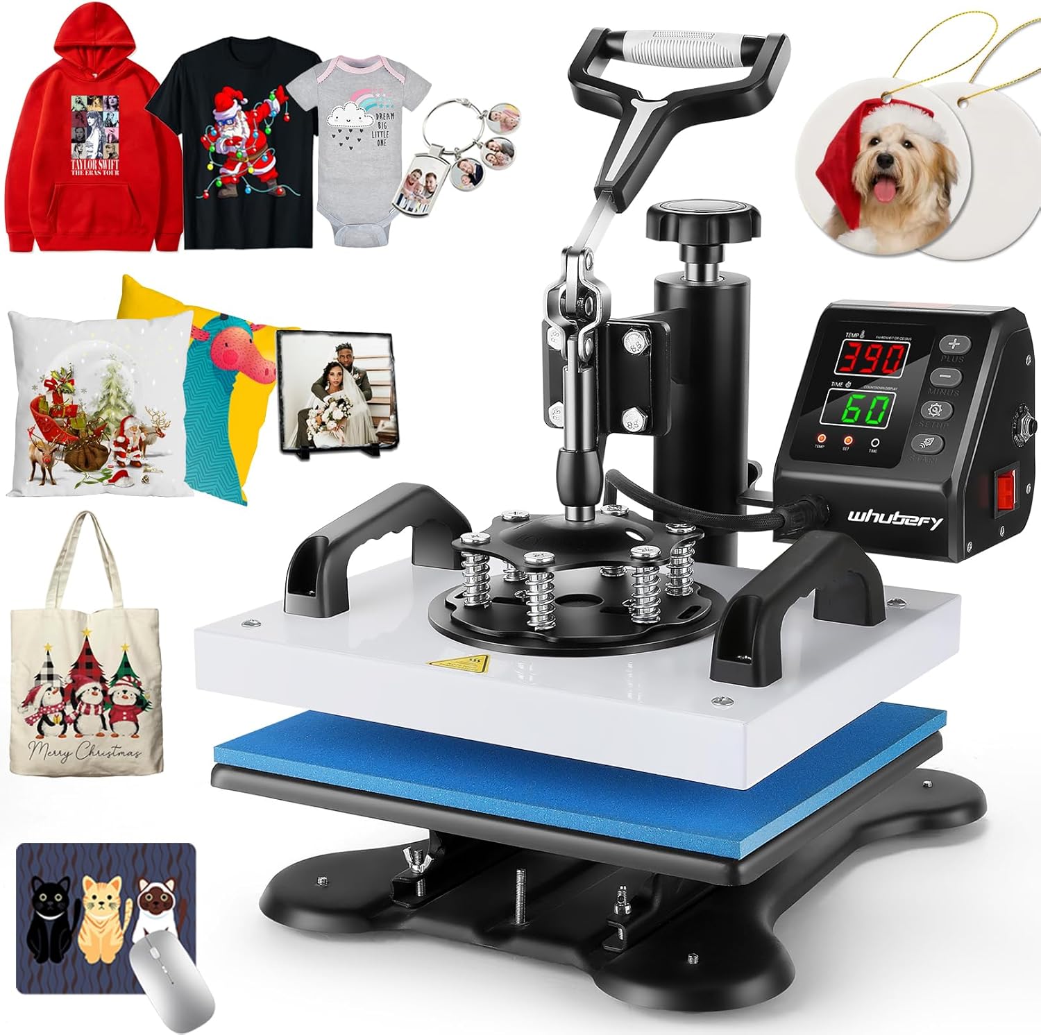 Whubefy Shirt Press Machine 12x10, Swing Away Heat Press Machine for T-Shirt Printing, High-Security HTV Vinyl Heat Press for Sublimation, Pillow Bag, Ceramic Heat Transfer Printer