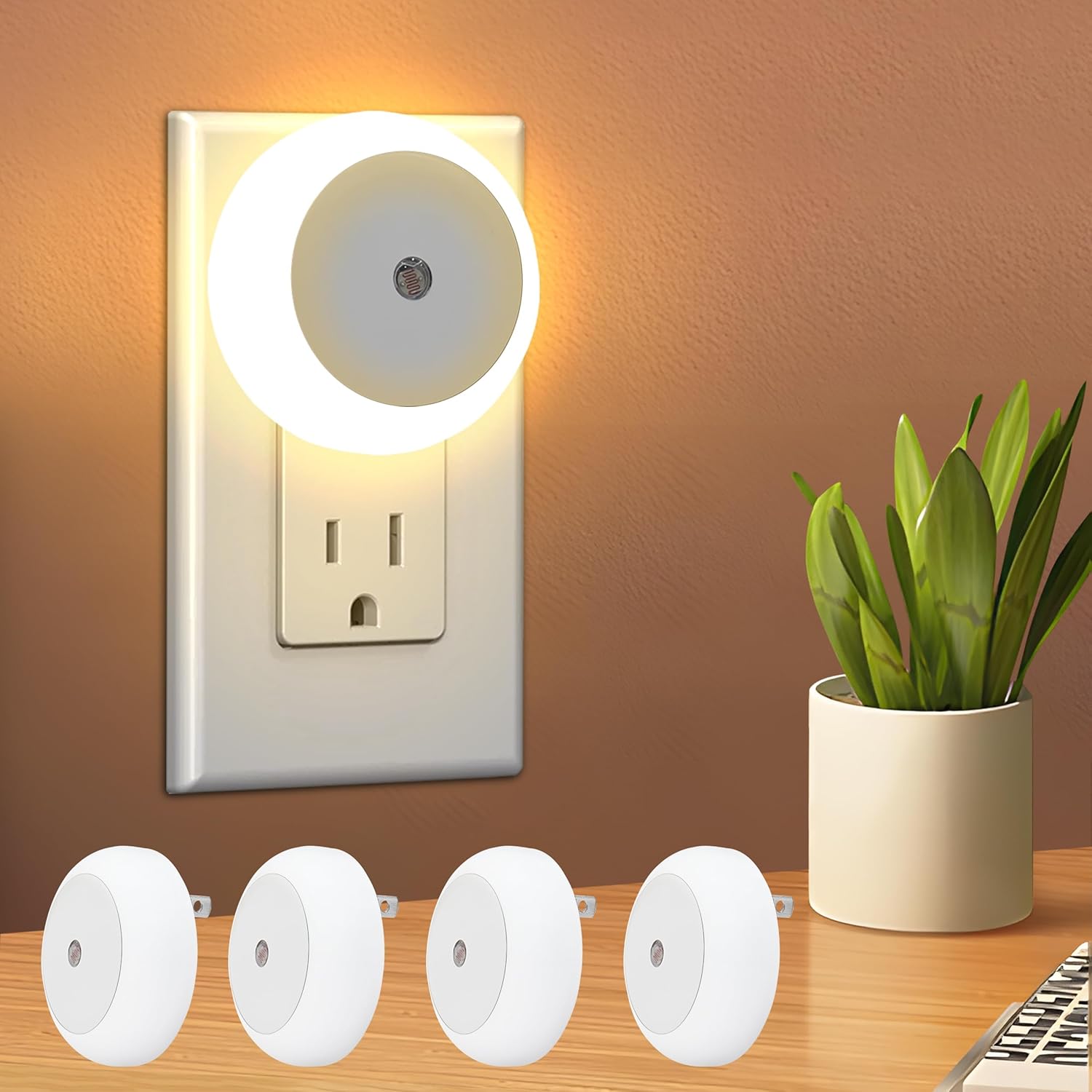 4-Pack Smart LED Night Lights Lamp with Auto Sensor,0.5W Turns On/Off Automatically Energy Saving, Ultra-Bright & Long-Lasting for Bedroom, Bathroom, Kitchen, Stairs, Hallway-Creating Warm Safe Home