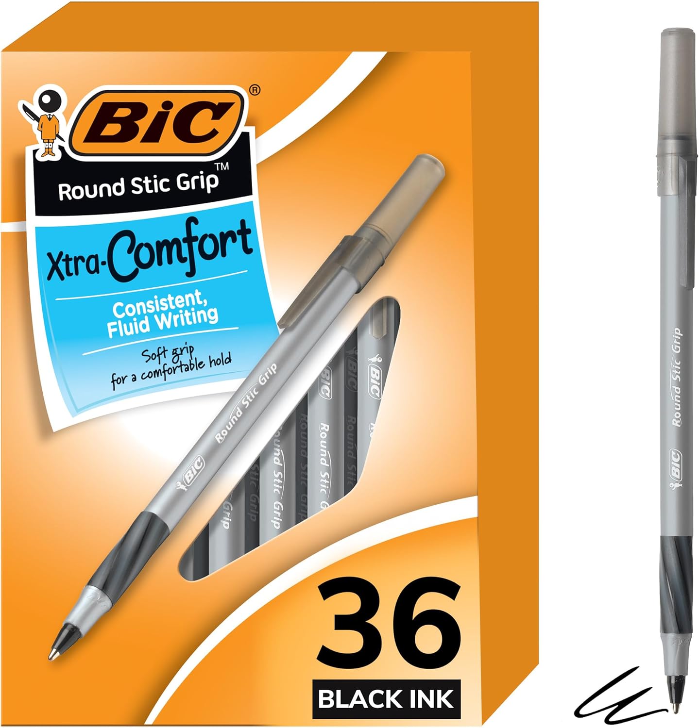 BIC Round Stic Grip Xtra Comfort Black Ballpoint Pens, Medium Point (1.2mm), 36-Count Pack, Perfect Writing Pens With Soft Grip for Superb Comfort and Control