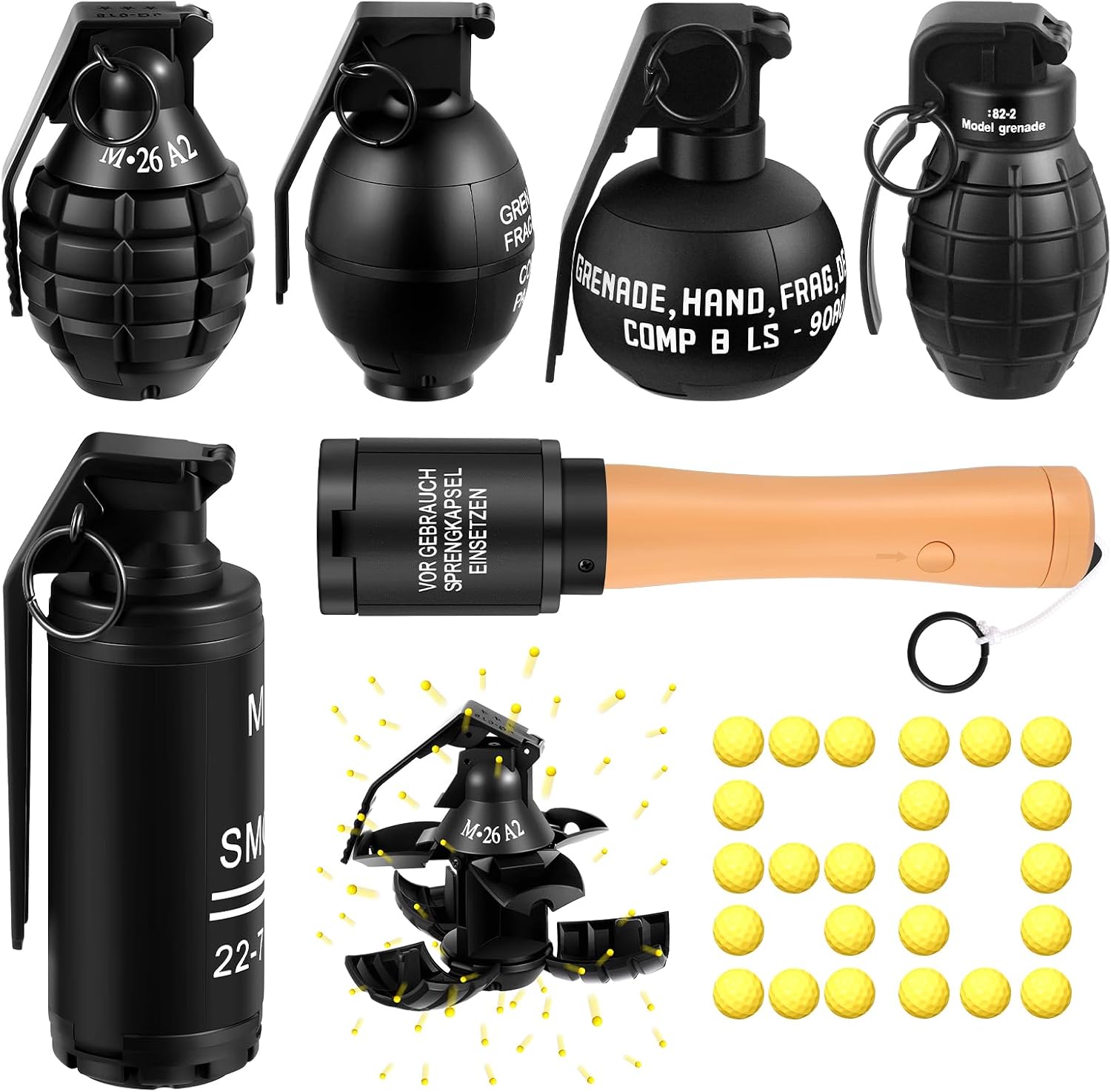 Sratte 6 Black Toy Grenades with 60 Foam Ammo for Battle Game