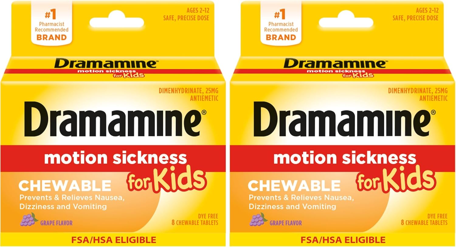 Dramamine Motion Sickness Relief for Kids - Chewable Grape Flavor, 8 Count (Pack of 2)