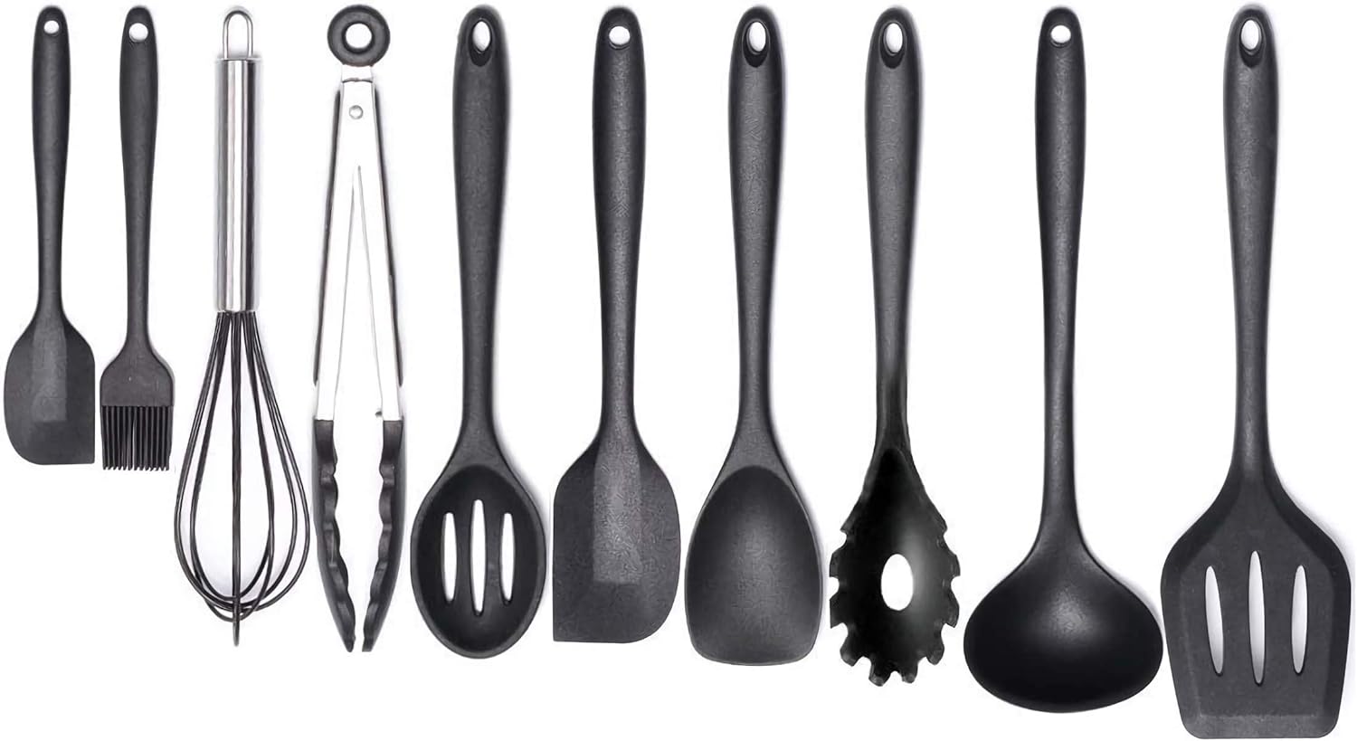 10-Piece Silicone Kitchen Utensil Set - Non-Stick, Heat Resistant Cooking Utensils Set of Spatula, Turner, Spoons, Tong, Oil Brush and Whisk (Black)
