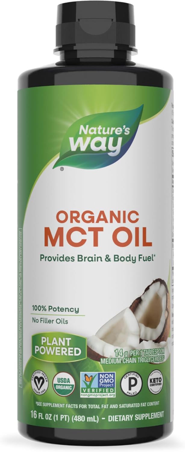 Nature's Way Organic MCT Oil, 16 Fl Oz, Brain and Body Fuel from Coconuts*, C8 Caprylic Acid and C10 Capric Acid, Keto and Paleo Certified, Organic, Non-GMO Project Verified