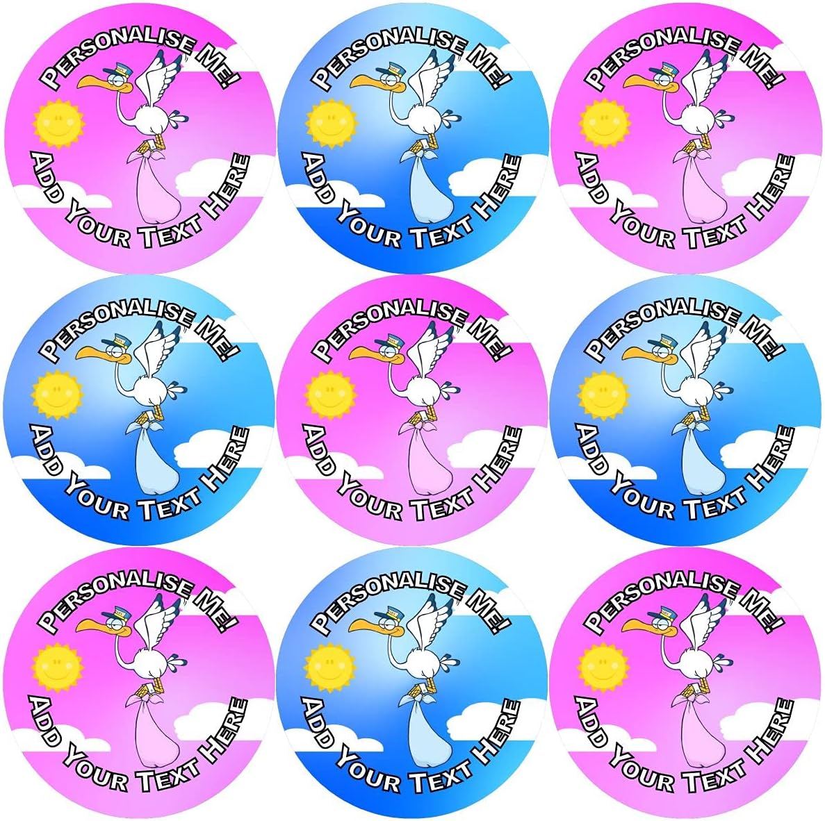 144 Baby Shower Stork - Pink & Blue 30mm Personalised Stickers