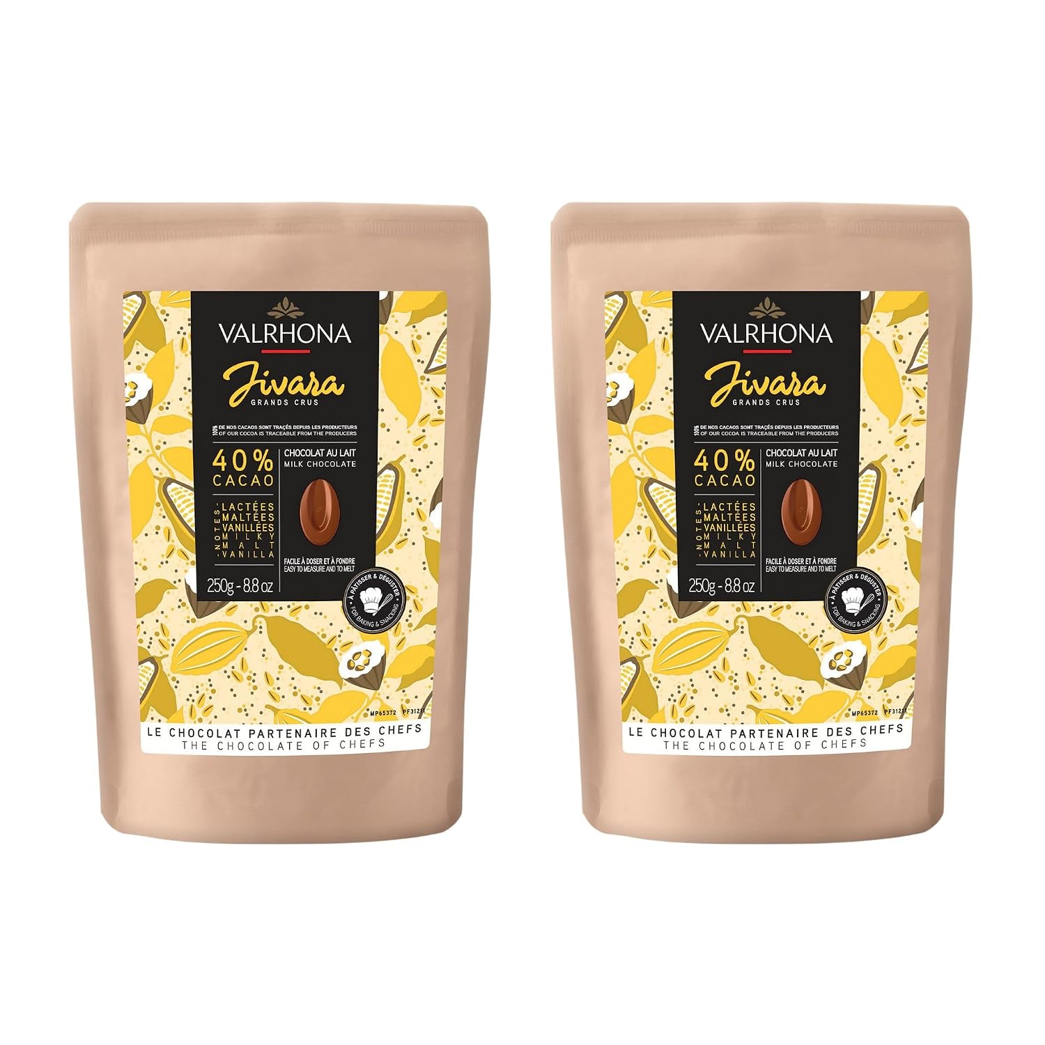 Valrhona Premium French Baking Creamy Milk Chocolate Discs (Feves). JIVARA 40% Cacao. Easy Melt and Tempering. Hints of Vanilla and Malt. For Cookies, Mousses, Frostings and Candies 250g (Pack of 2)