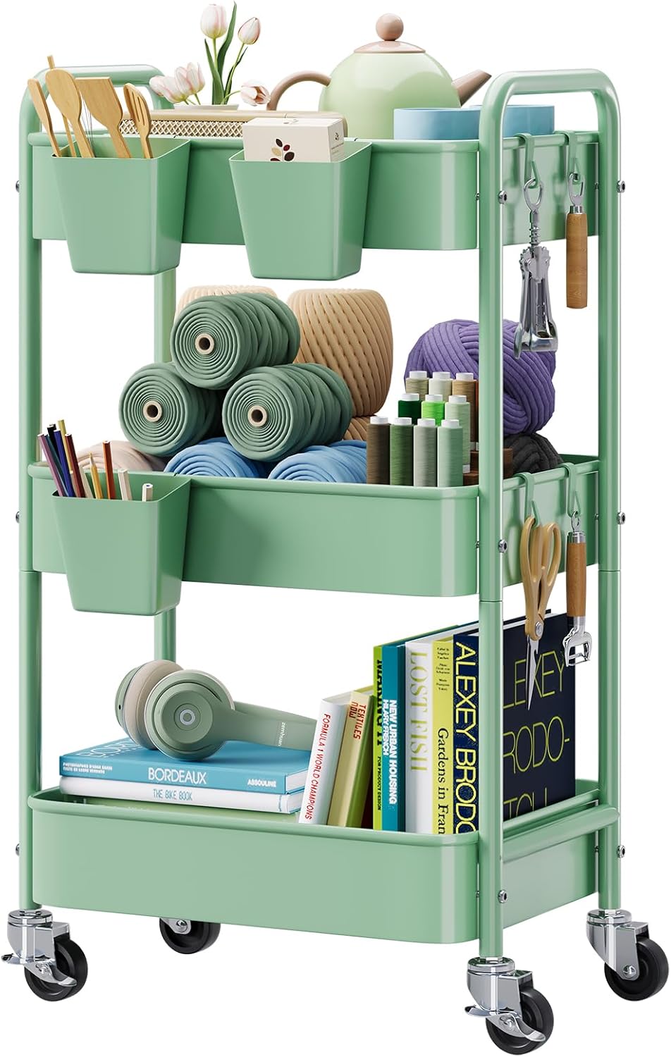 3 Tier Rolling Storage Cart Metal with Wheels, Green Mesh Baby Diaper Caddy Carts, Three Tiered Craft Cart Organizer on Wheels, Utility Trolley for Art, Book, Snack, Classroom, Laundry, Bathroom Shelf