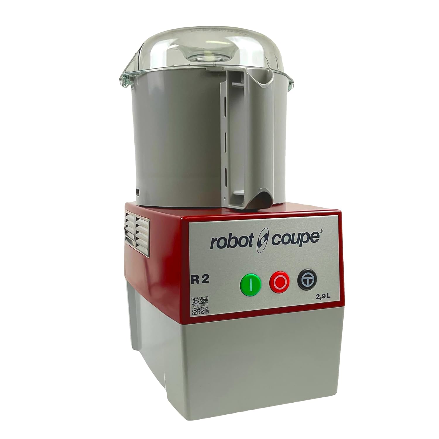 Robot Coupe R2B, Food Processor Cutter and Mixer, 3-Quart Polycarbonate Bowl, 1 HP, 120v, Gray/Red/Clear, Vertical Cutting, Pulse Control, Smooth "S" Blade, Commercial Kitchen Use