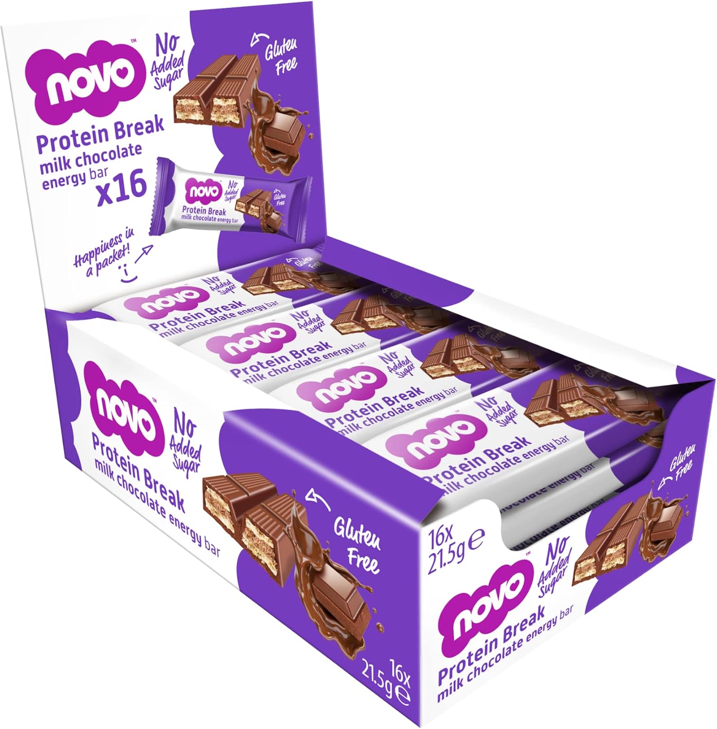 Novo Nutrition Protein Break Bars | Milk Chocolate Flavour | Healthy Gluten Free Snack with Added Protein, Low Sugar and Real Milk Chocolate | Suitable for Vegetarians | Pack of 16