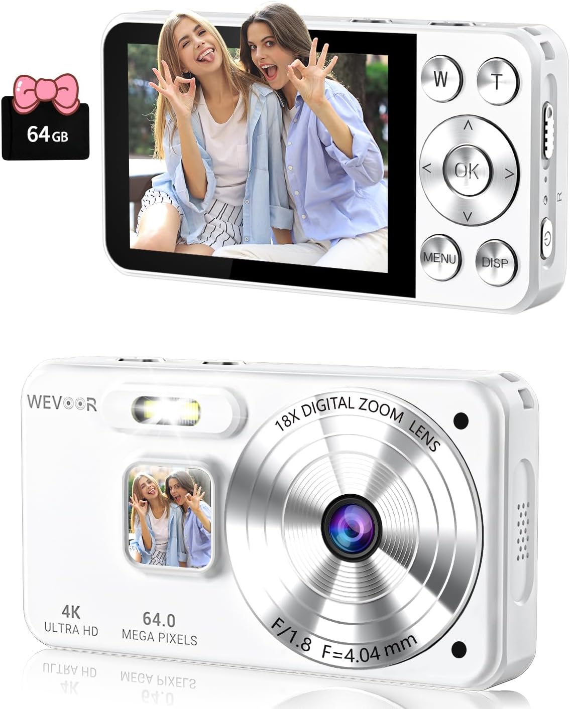 Digital Camera 4K 64GB, Wevoor 64MP Autofocus Mini Compact Camera with 2.8" Screen, 18X Digital Zoom 2000mAh Portable Pocket Vlog Camera for Adult Beginner Teens Travel Party Selfie Recording