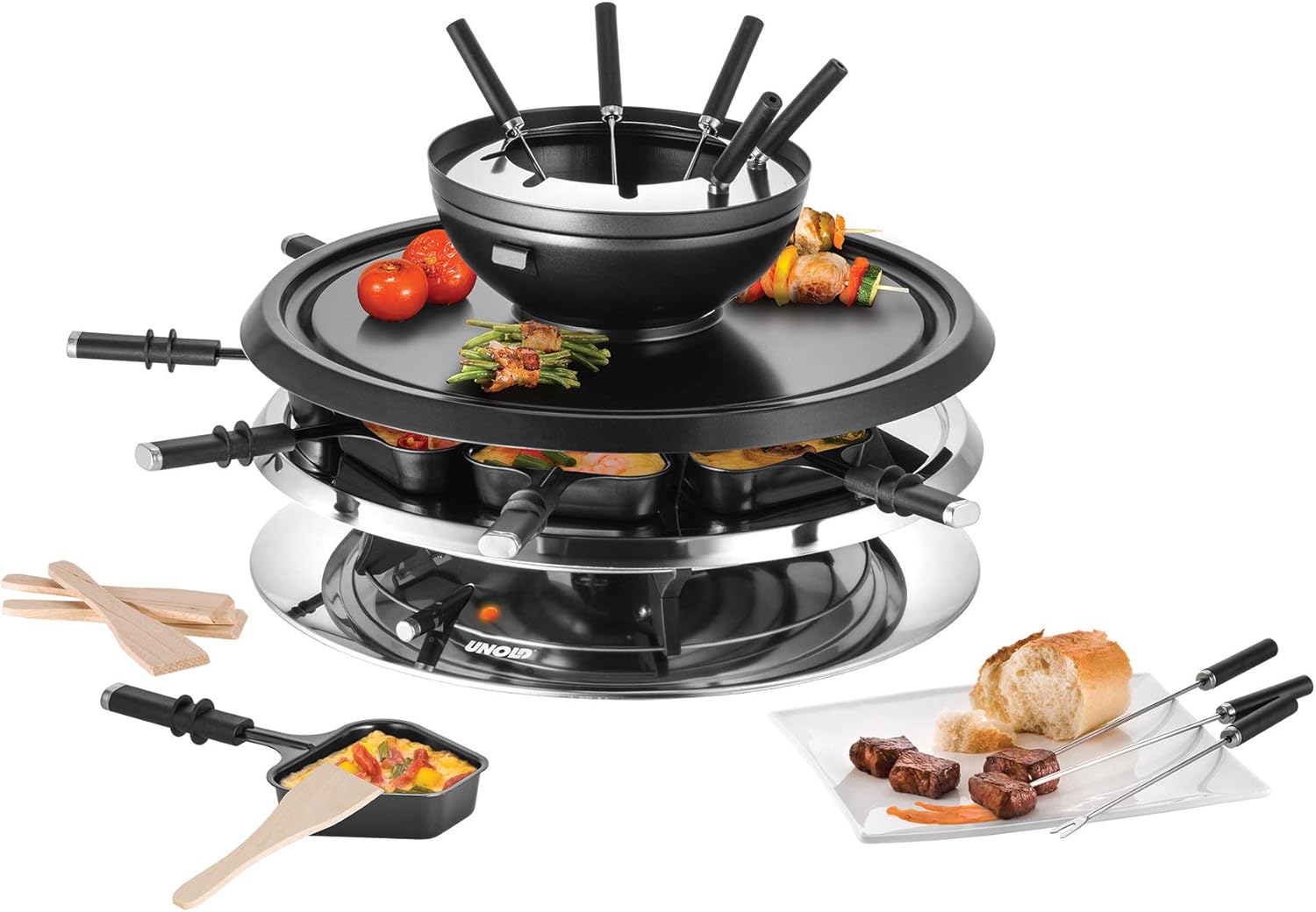 Unold 4-in-1 Raclette Grill & Fondue 48726 - Granite Hot Stone - Grill with Fondue - 8 Persons - 34cm - 1300W