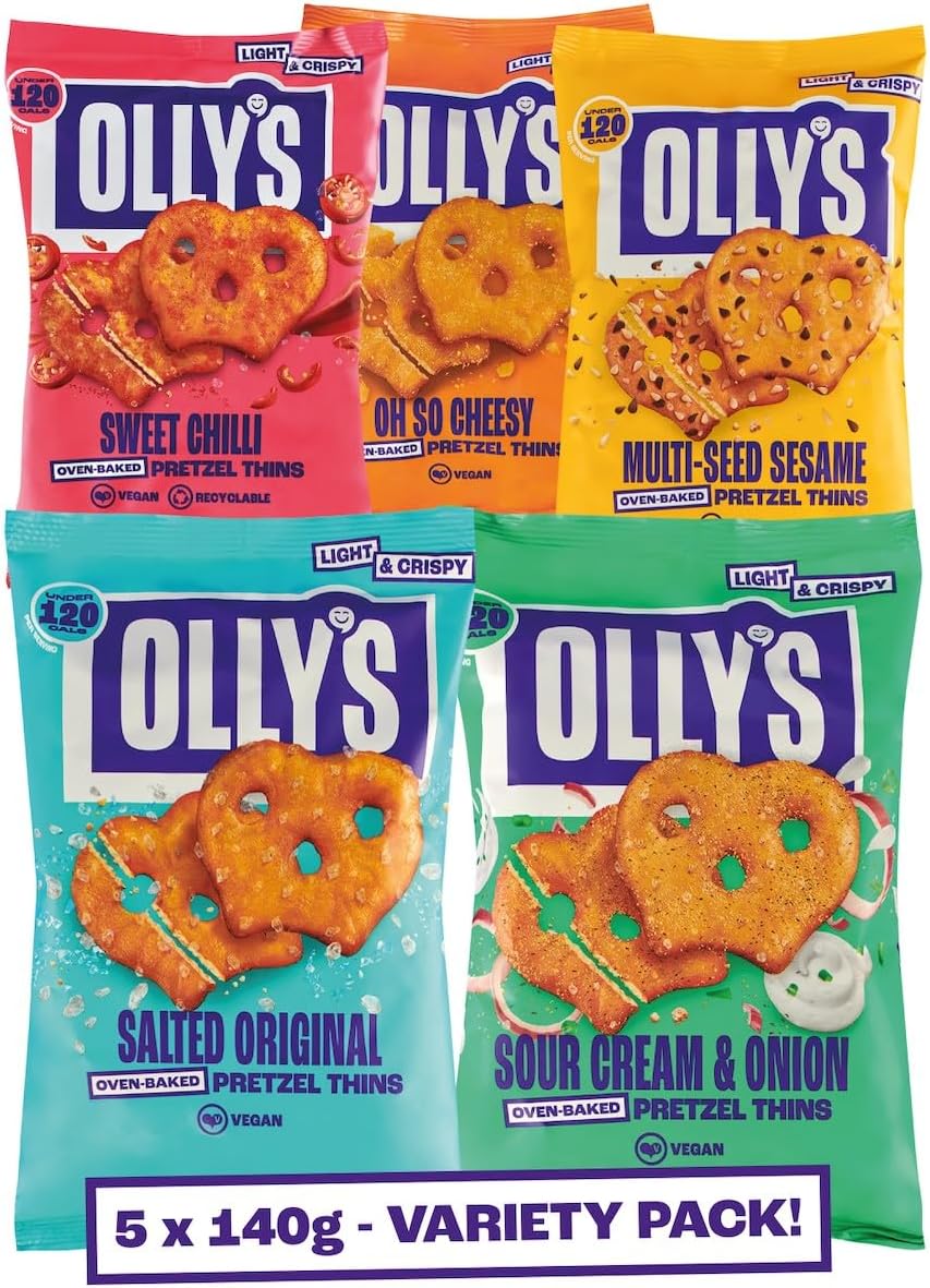 Olly's Pretzel Thins, New Variety Pack, 140g (Pack of 5), x1 Salted, x1 Multi Seeded, x1 Sour Cream, x1 Sweet Chilli x1 Cheesy, Low Calorie Snacks, Low Fat, Source of Fibre, No Preservatives