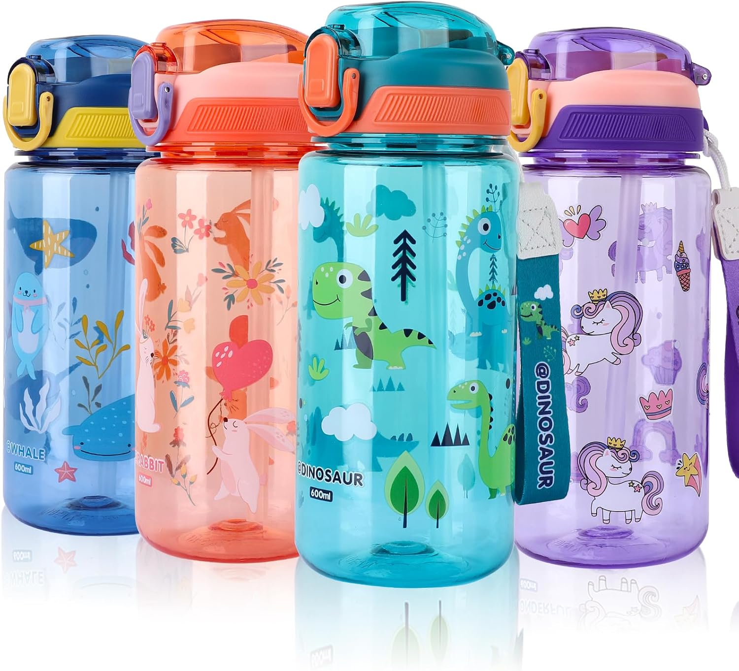 SENBSLAN Kids Water Bottle With Straw, 600ml Toddler Drinks for School, Leakproof Children's BPA-Free Tritan Sport Bottle for Girls Boys (Greenish Blue-Dinosaur)