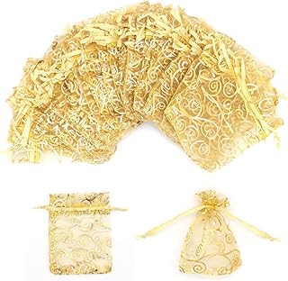 Staruby Organza Gift Bags 100Pcs Gold Sheer Organza Bag Mesh Favor Bags Drawstring Jewelry Rattan Printed Gift Pouches for Wedding Party Favors Baby Shower Christmas Gifts Candy Bags (3x4 Inches)