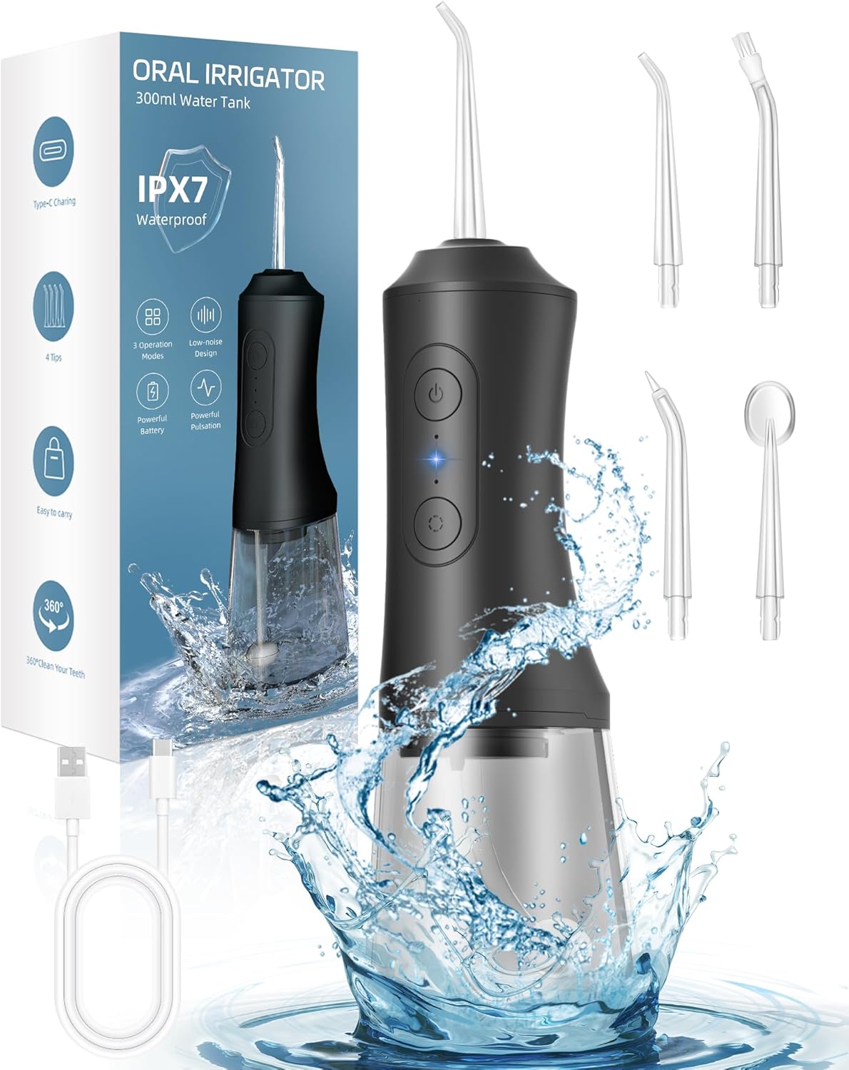 Water Flosser, Water Dental Flosser Pick for Teeth, 300ML IPX7 Waterproof Oral Irrigator, 3 Modes 4 Replaceable Jet Tips, Professional Flossing Cleaning Picks for Home Travel Gums, Braces Care (Black)