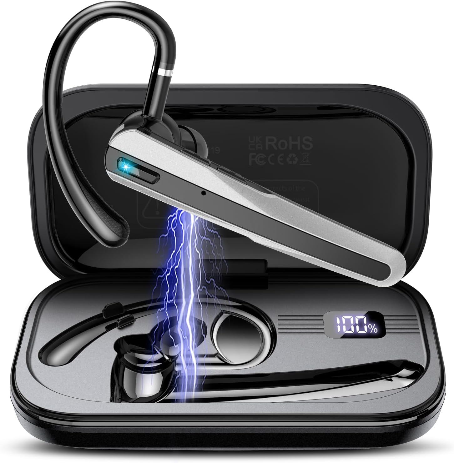 Bluetooth Headset V5.3, Wireless Headset with ENC Noise Canceling Mic, 120Hrs Talk Single-Ear Bluetooth Earpiece, LED Display, IP7 Waterproof Hand-Free Earphone for Business/Trucker/Driver