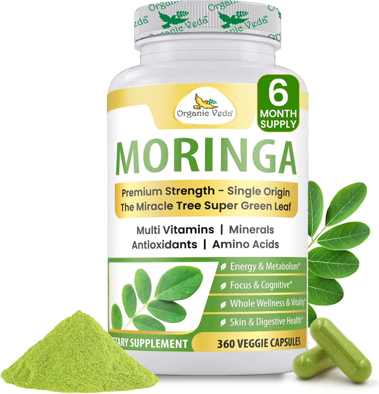 Organic Veda Moringa Capsule 1000mg, 6 Months Supply - True Green Pure Organic Moringa Leaf Superfood - Vitamins & Antioxidants Rich Powder, Energy, Digestion, Brain & Skin Health - 360 Vegan Capsule
