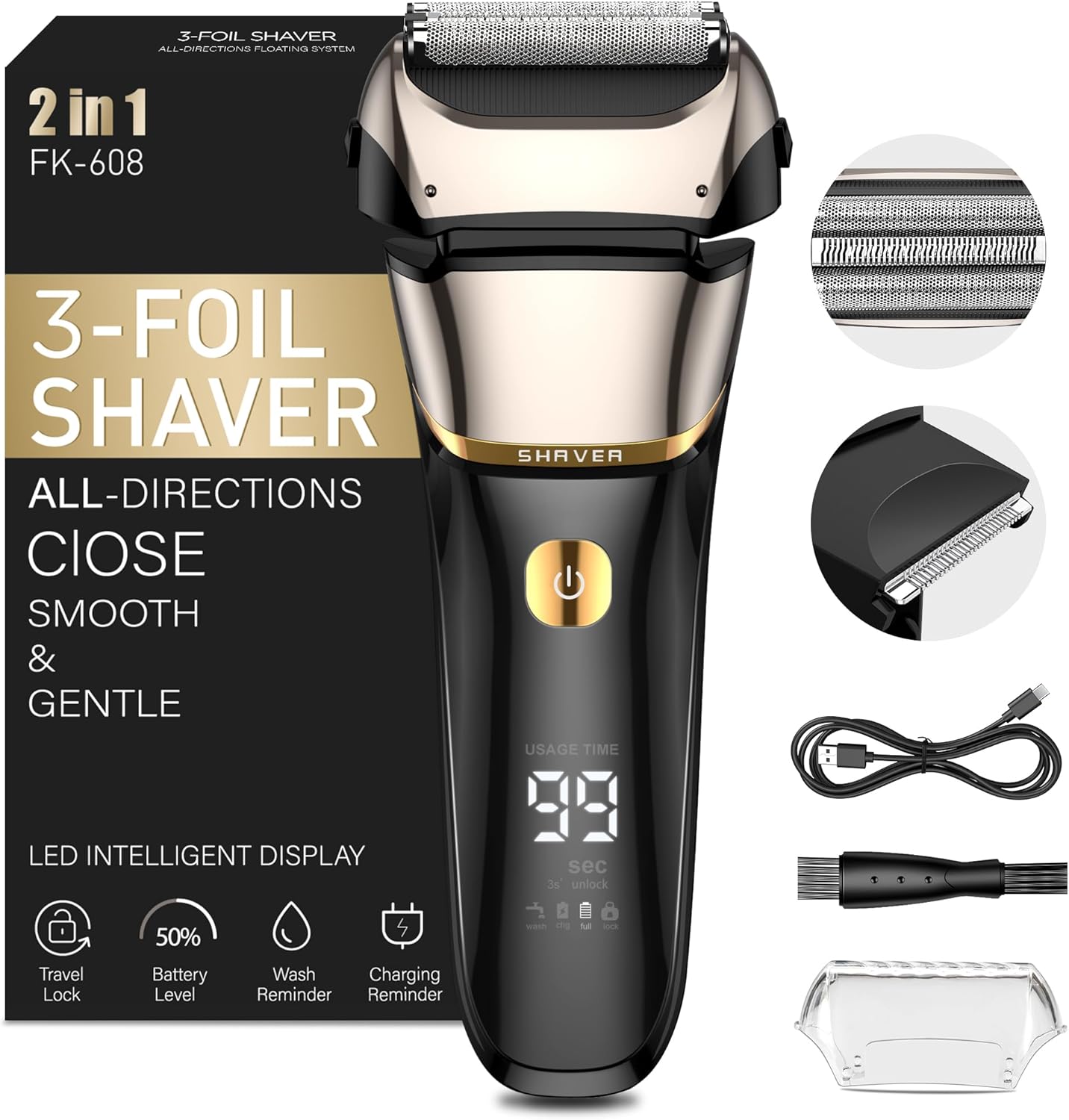 Shavers for Men,2 in1 Foil Shaver with 3 Floating Blades, Electric Razor for Men IPX7 Wet & Dry,Cordless Precision Beard Trimmer,100-Min,USB C,Electric Shaver for Close Shaving,LED Display with Timer