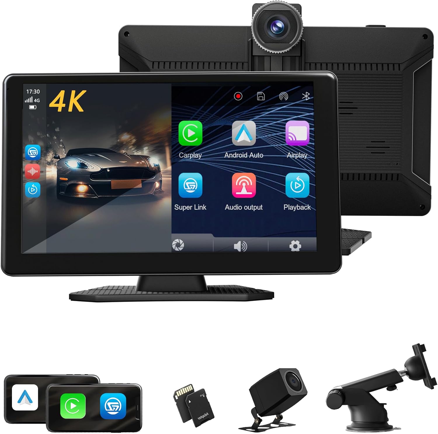 9" Carplay Screen for Car, Support Apple Carplay & Android Auto, 4K Dash Cam, 1080p Backup Camera DVR, Car Audio Receivers GPS Navigation Airplay/Super Link, Bluetooth, FM, Siri.