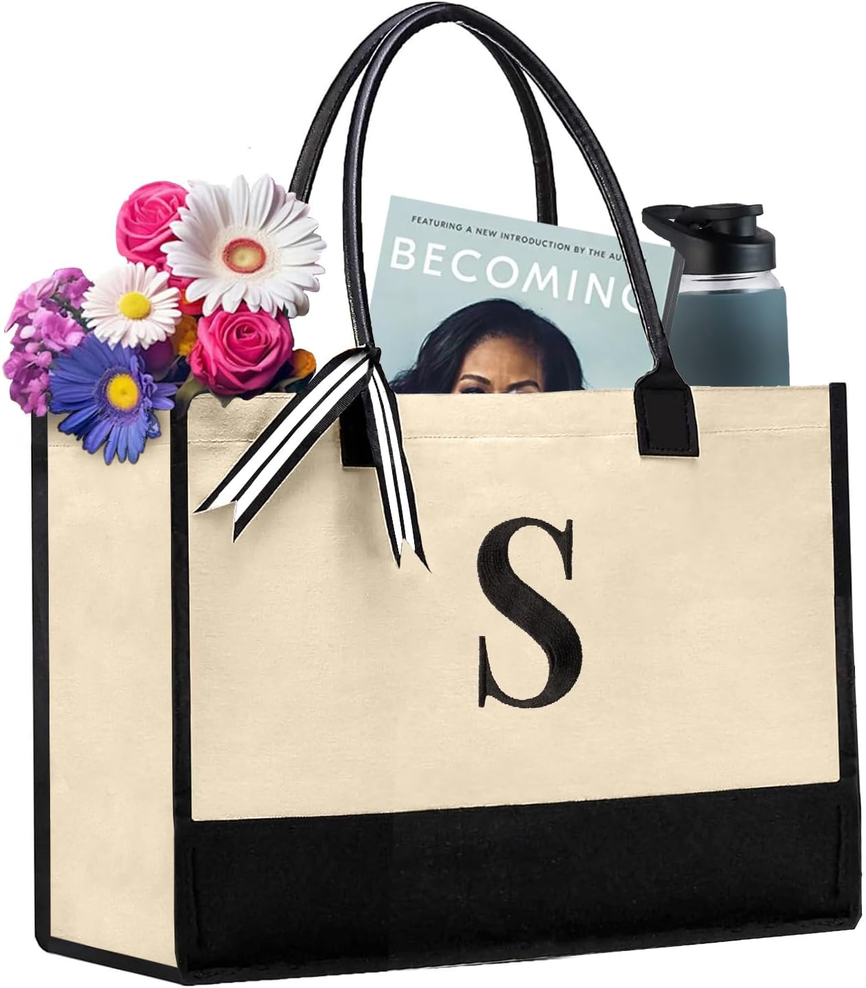 Salt Earth 100% Cotton Personalized Everyday Canvas Initial Tote Bag for Women, Monogrammed Large Utility Bag for Beach, Travel, Grocery, Best Gift For Birthday, Retirement, Bridesmaid & Friend (S)