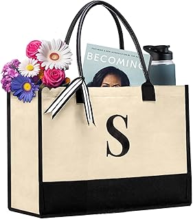 Salt Earth 100% Cotton Personalized Everyday Canvas Initial Tote Bag for Women, Monogrammed Large Utility Bag for Beach, Travel, Grocery, Best Gift For Birthday, Retirement, Bridesmaid & Friend (S)