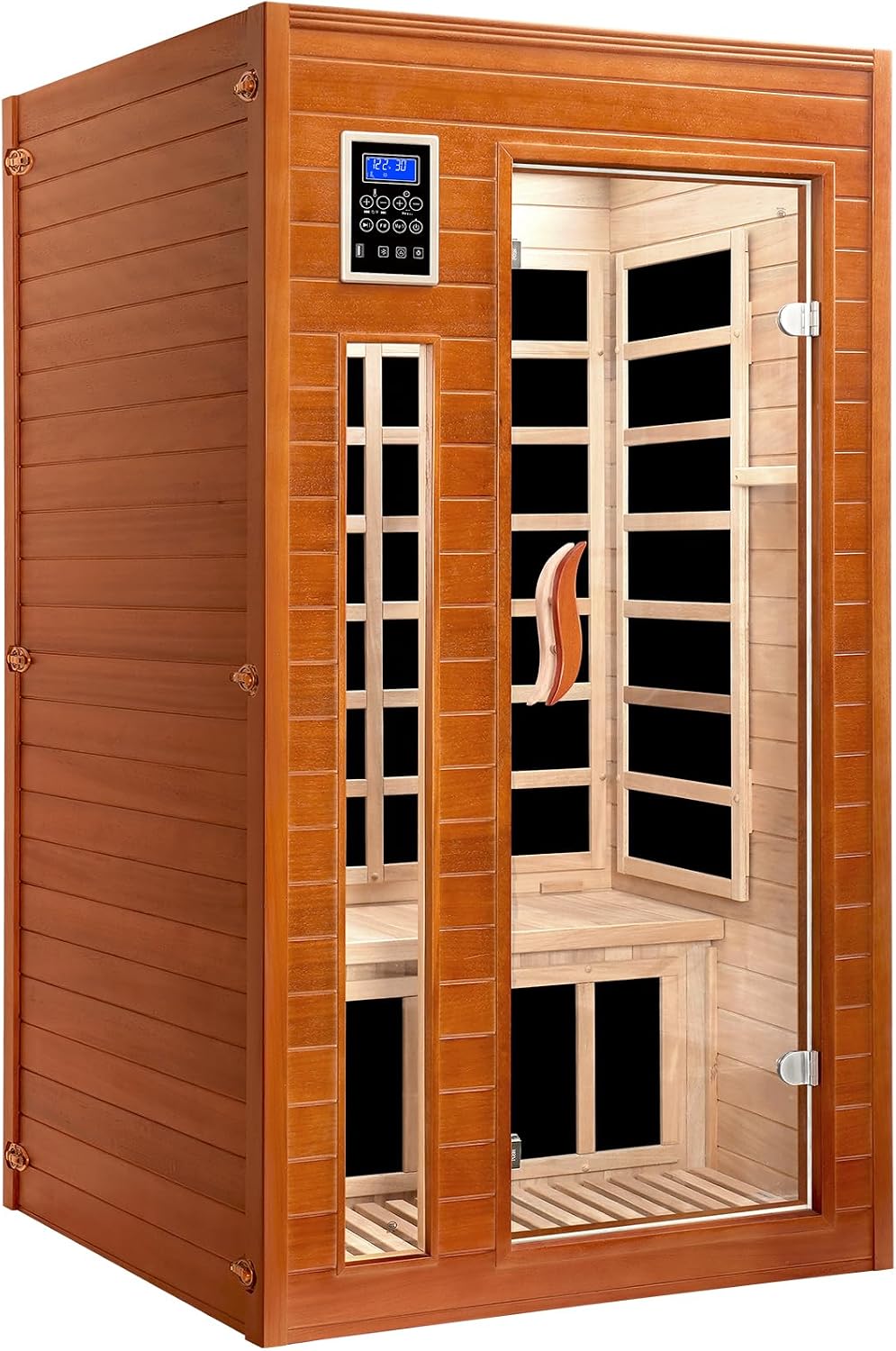X-Vcak 1-2 Person Infrared Sauna, Dry Heat Sauna with Red Light Therapy, Bluetooth, Radio, 7-Color Therapy Light for Home, Indoor, Gym, Wellness Center, 40″ x 36″ x 73″, Brown