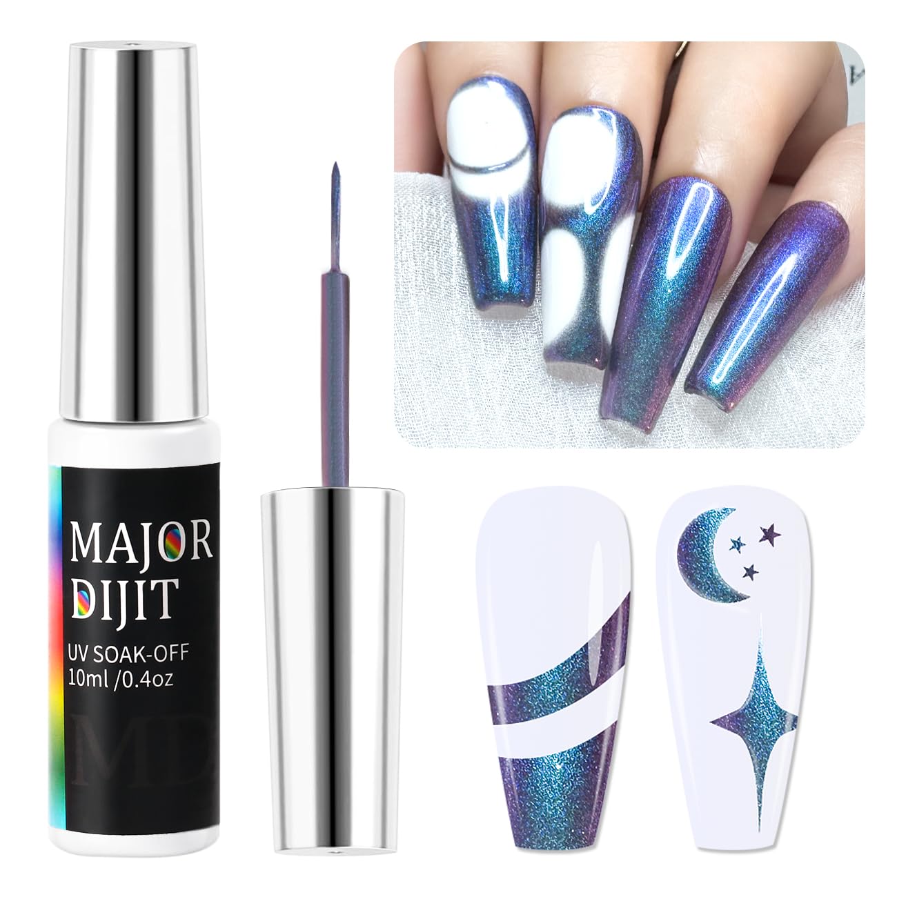 Major Dijit Gel Liner Art Polish 10ml, Chameleon Chrome Design Paint with Thin Brush in Bottle for French Tips Manicure Painting DIY at Home (11)