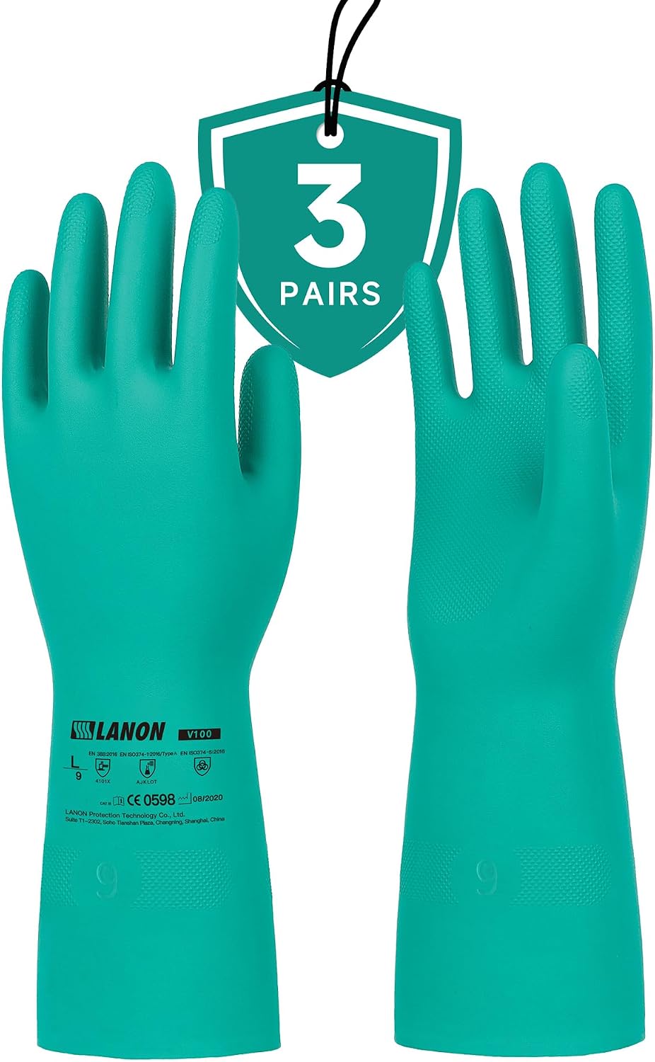 LANON 3 Pairs Nitrile Chemical Resistant Gloves,Flocked Liner,Green,Large