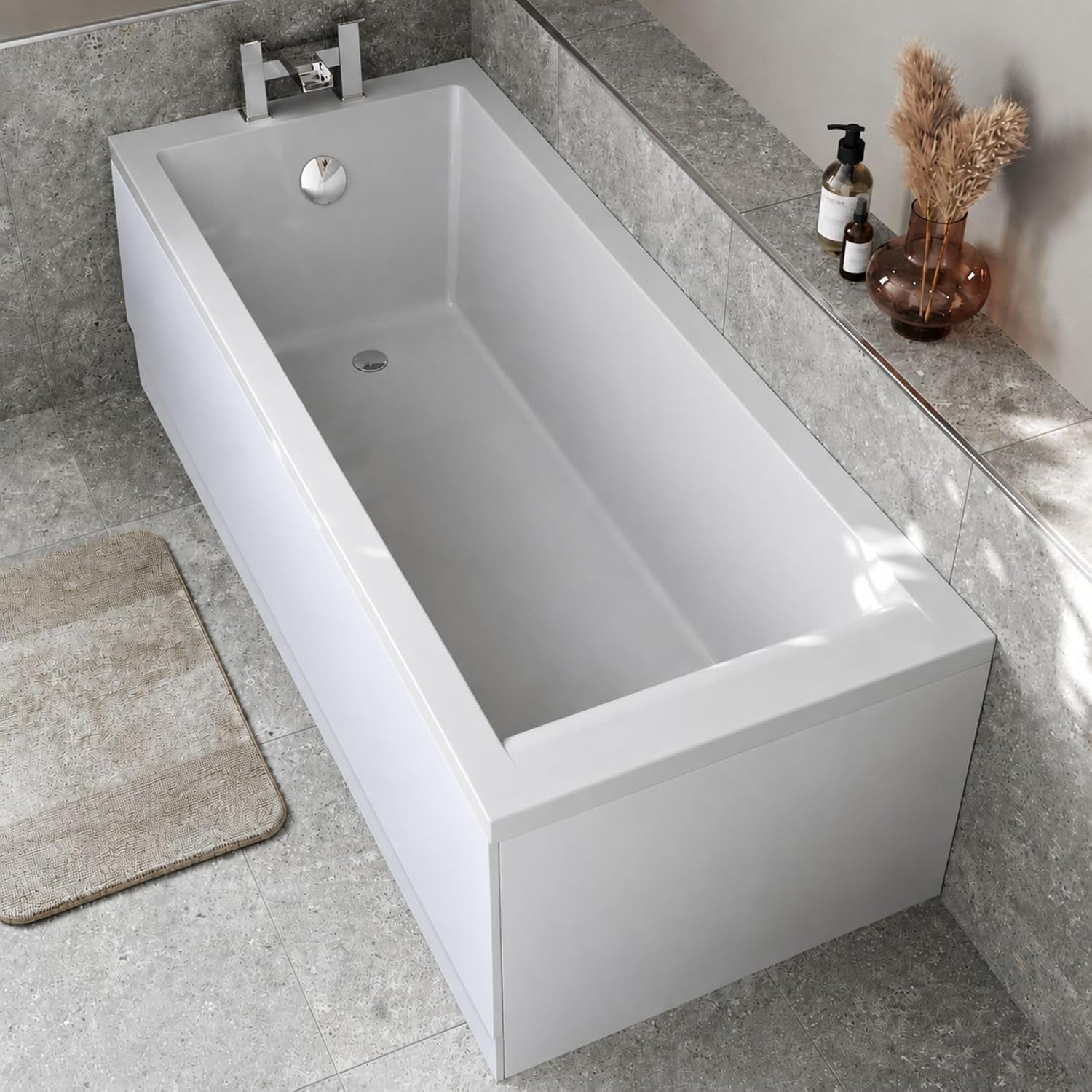 1600 x 700mm Single Ended Straight Bath White Gloss Soaking Bathttub, Acrylic Baths for Bathrooms, Straight Square, Adjustable Feet, Side Panel Included