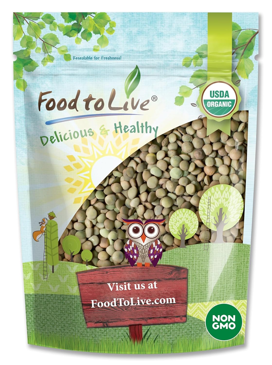 Food to Live Organic Whole Green Lentils, 5 Pounds - Non-GMO, Dried Raw Beans, Sproutable, Vegan, Kosher, High in Folate, Dietary Fiber, Protein, No Soaking Required, for Soups, and Veggie Burgers