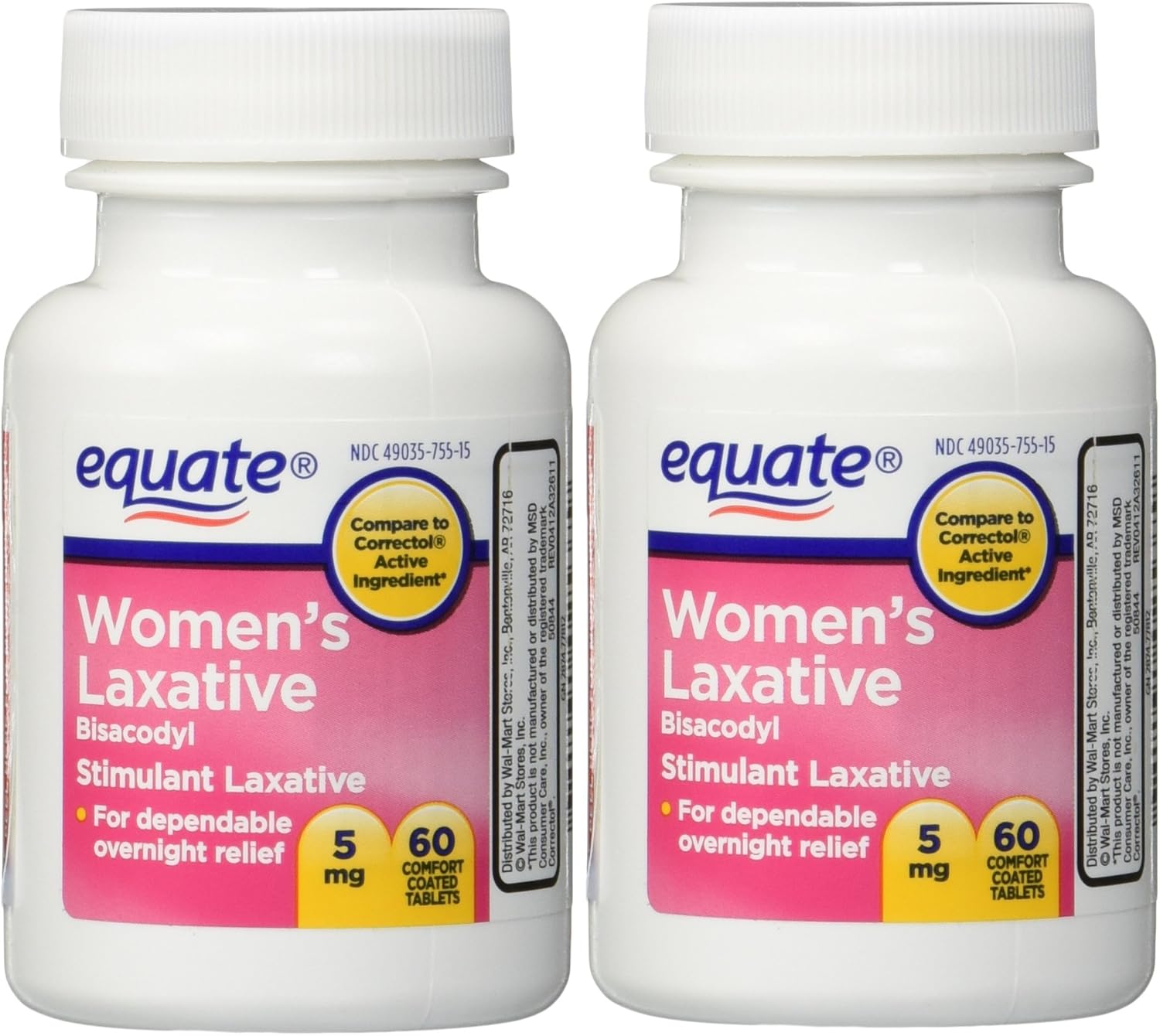 Women's Laxative Tablets, Bisacodyl 5mg 120ct (Two 60ct bottles) by Equate Compare to Correctol